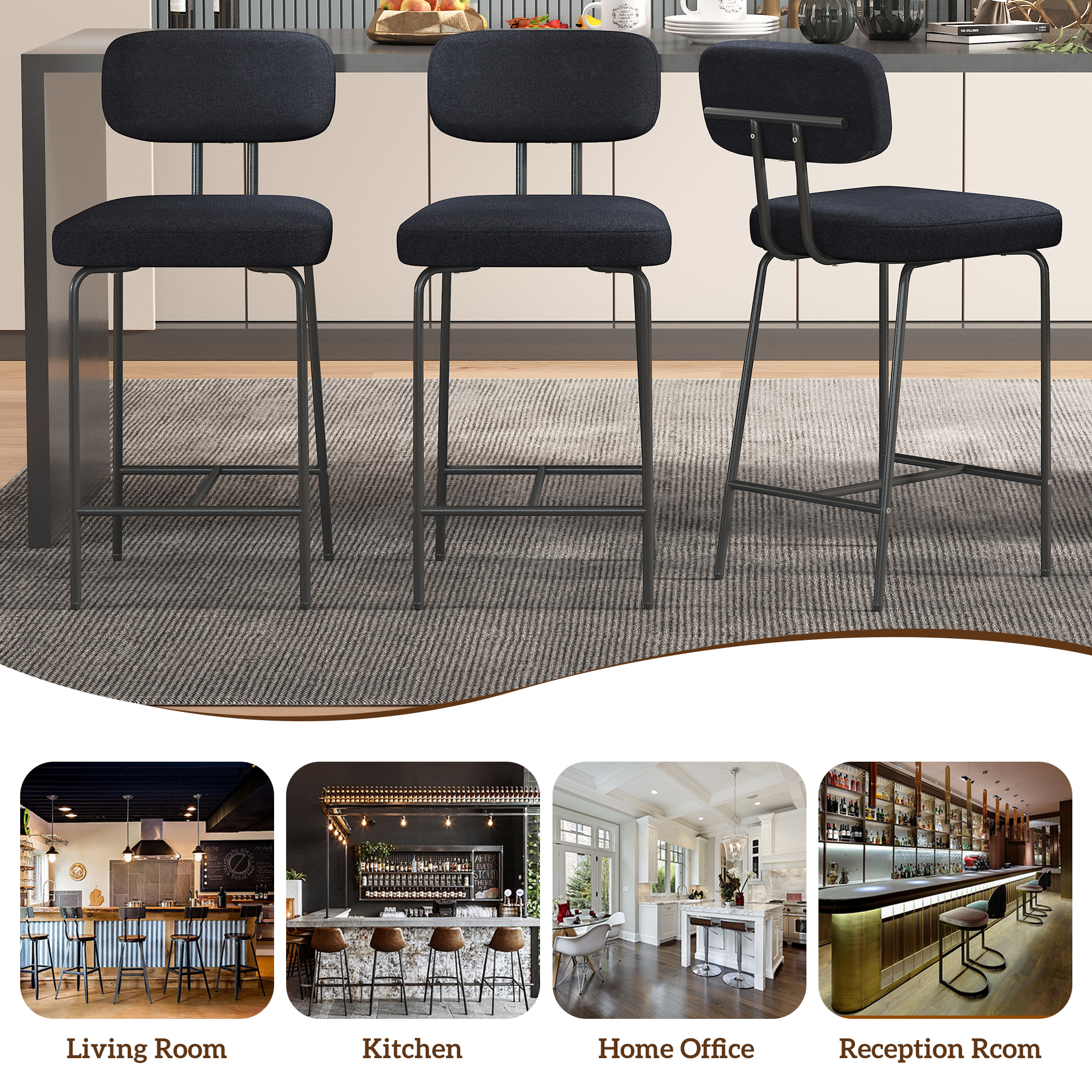 Ninecer Counter Height Bar Stools Set of 4, 26" Black Bar Stools with Back and Metal Legs, Fabric Kitchen Counter Stools with Footrest and Wide Seat, Bar Chairs for Kitchen Island - Image 3