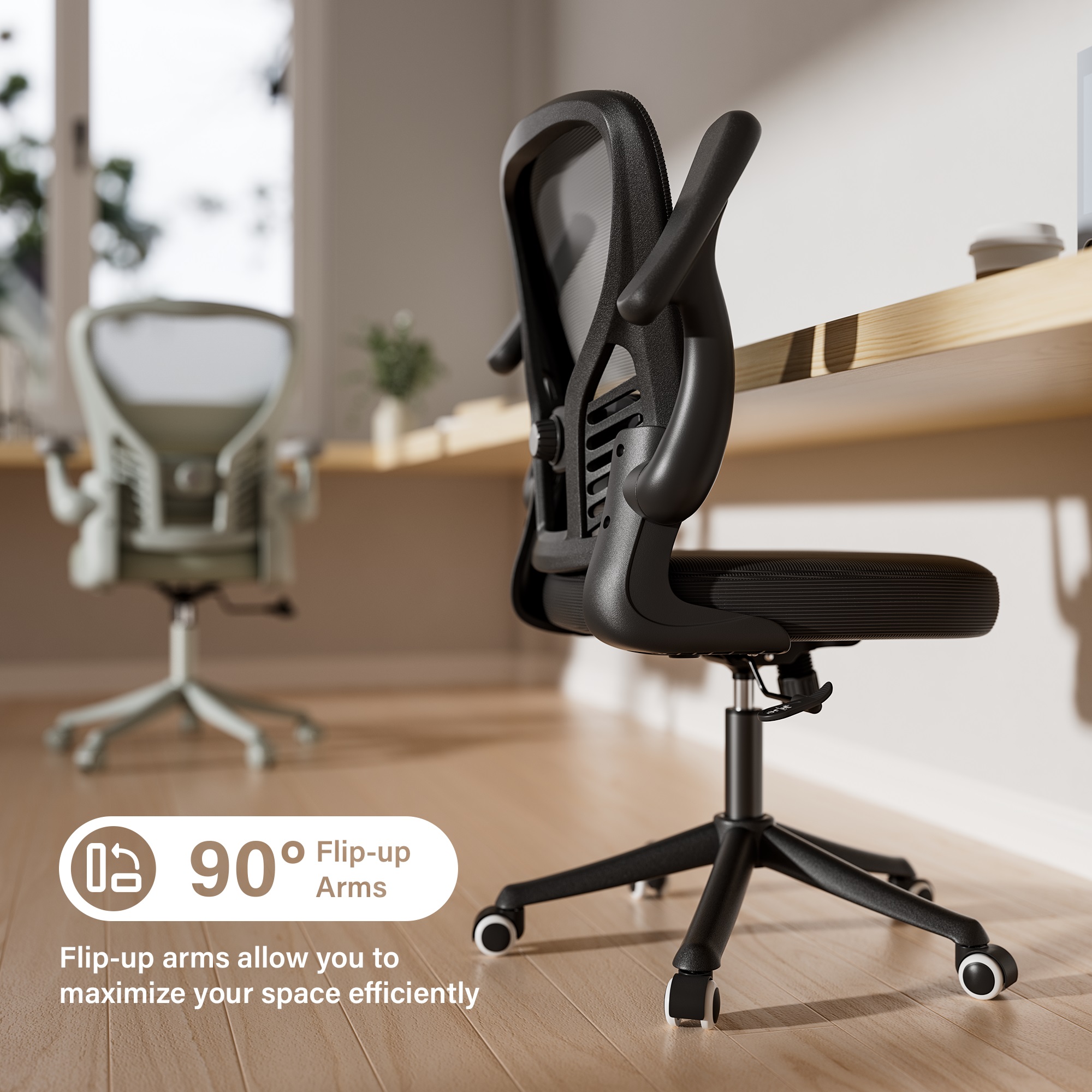 Ninecer Ergonomic Mesh Office Chair with Adjustable Height and Lumbar Support, Swivel Computer Desk Chair with Flip-Up Arms, Mid Back Task Chair on Wheels, 300lbs Capacity, Black - Image 8