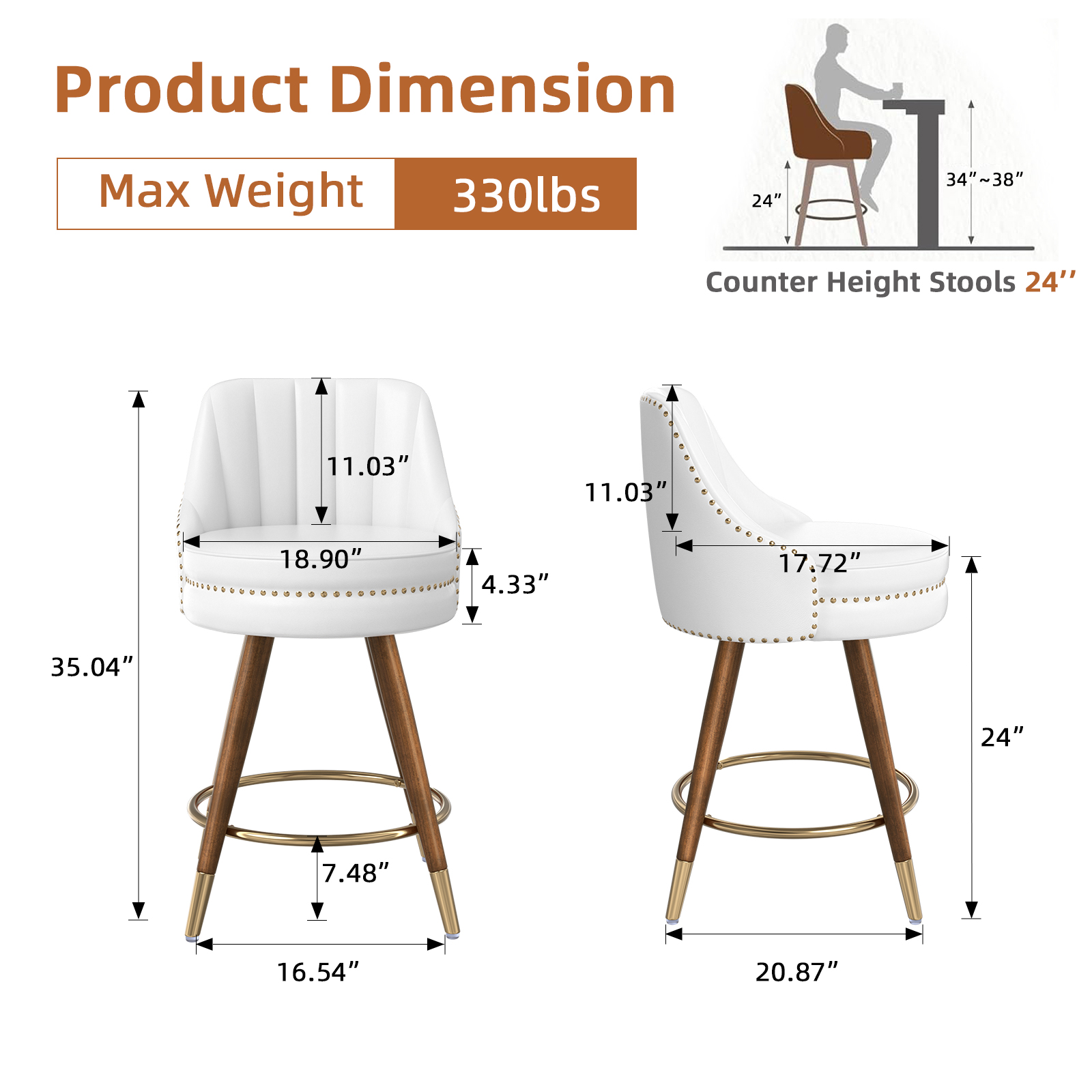 Ninecer 24" Swivel Counter Height Chairs, Modern PU Leather Bar Stools with Thick Cushion and Footrest, White (Set of 4) - Image 2