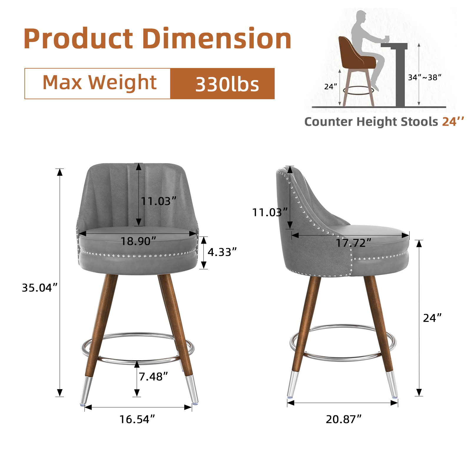 Ninecer 24" Swivel Counter Height Chairs, Modern PU Leather Bar Stools with Thick Cushion and Footrest, Gray (Set of 4) - Image 2