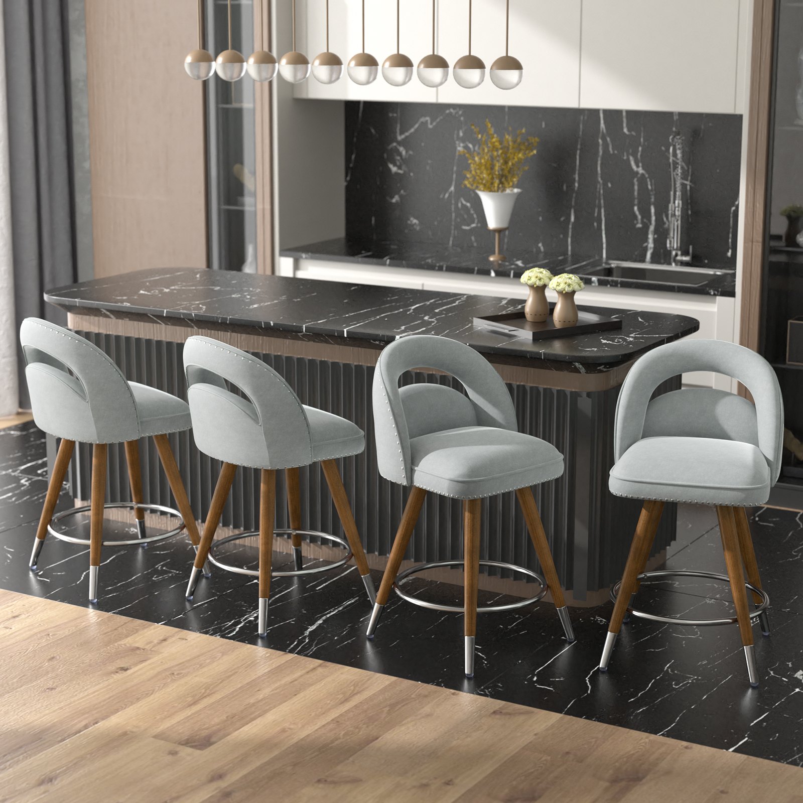Ninecer 24" Swivel Counter Bar stools, Modern Velvet Barstools with Soft Backrest for Kitchen Dining Room, Gray (Set of 4)