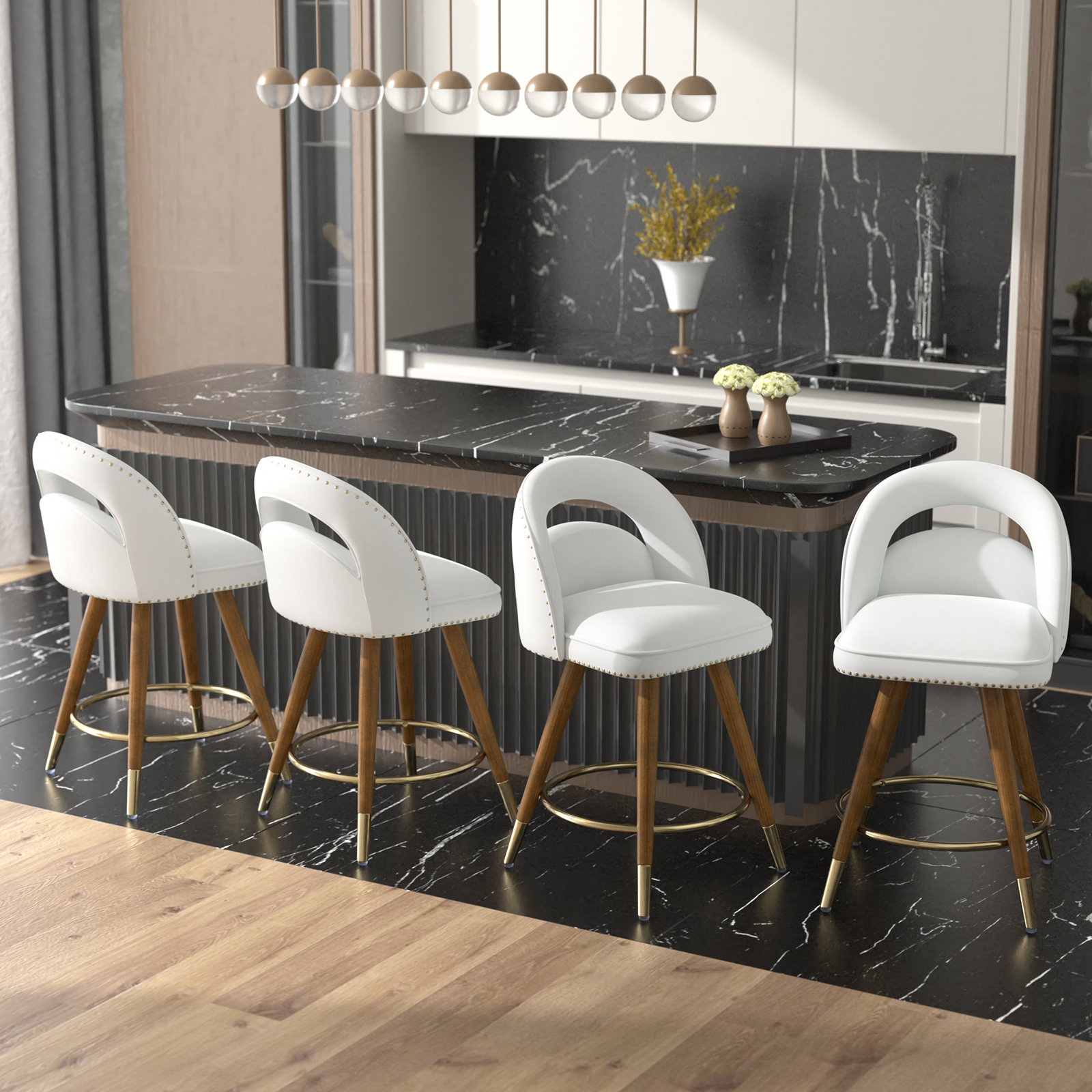 Ninecer 24" Swivel Counter Bar stools, Modern Velvet Barstools with Soft Backrest for Kitchen Dining Room, White (Set of 4)