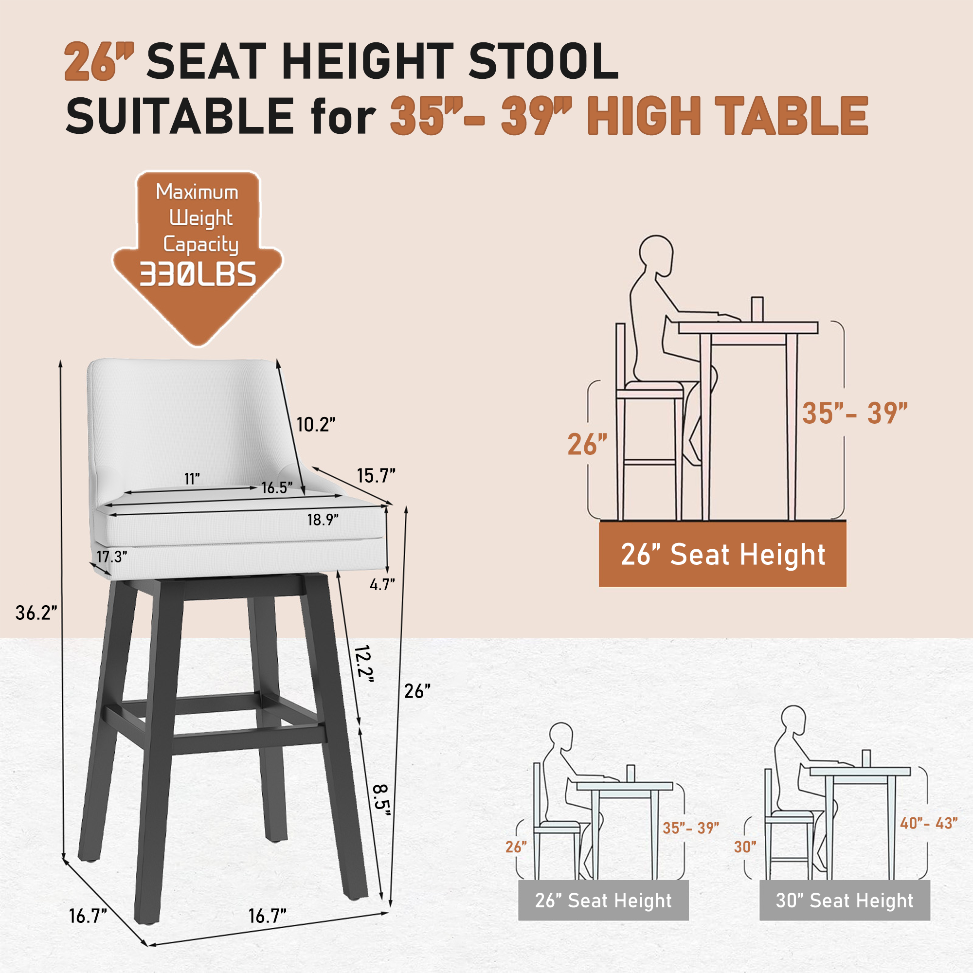 Ninecer 26" Counter Height Bar Stools, Swivel Bar Stools with Back, Modern Bar Chairs, Barstools with Footrest, White (Set of 4) - Image 2