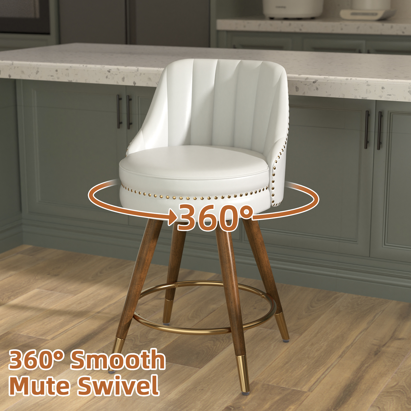 Ninecer 24" Swivel Counter Height Chairs, Modern PU Leather Bar Stools with Thick Cushion and Footrest, White (Set of 4) - Image 3