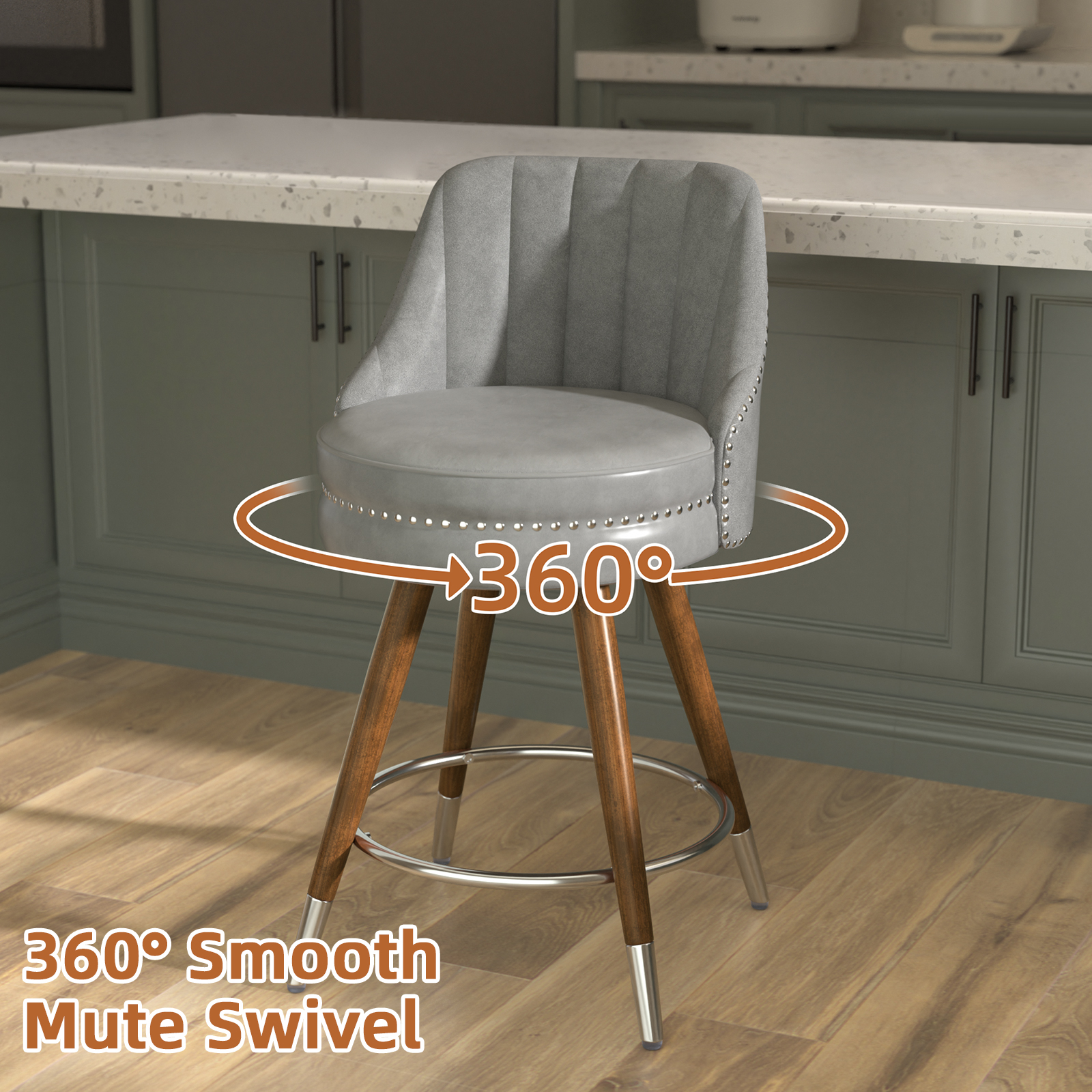 Ninecer 24" Swivel Counter Height Chairs, Modern PU Leather Bar Stools with Thick Cushion and Footrest, Gray (Set of 4) - Image 3