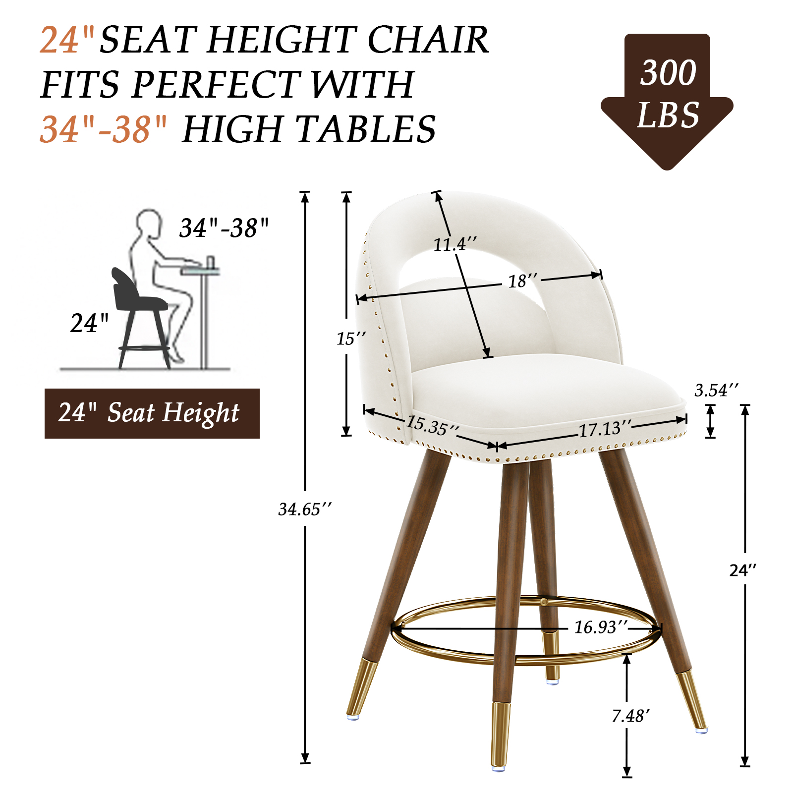 Ninecer 24" Swivel Counter Bar stools, Modern Velvet Barstools with Soft Backrest for Kitchen Dining Room, White (Set of 4) - Image 2