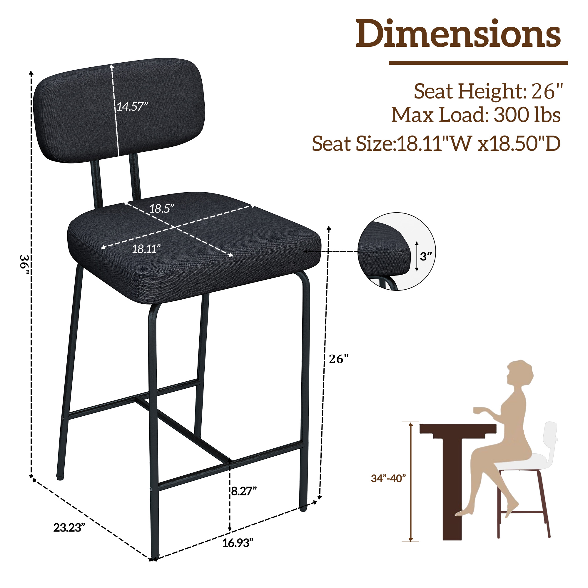 Ninecer Counter Height Bar Stools Set of 4, 26" Black Bar Stools with Back and Metal Legs, Fabric Kitchen Counter Stools with Footrest and Wide Seat, Bar Chairs for Kitchen Island - Image 4