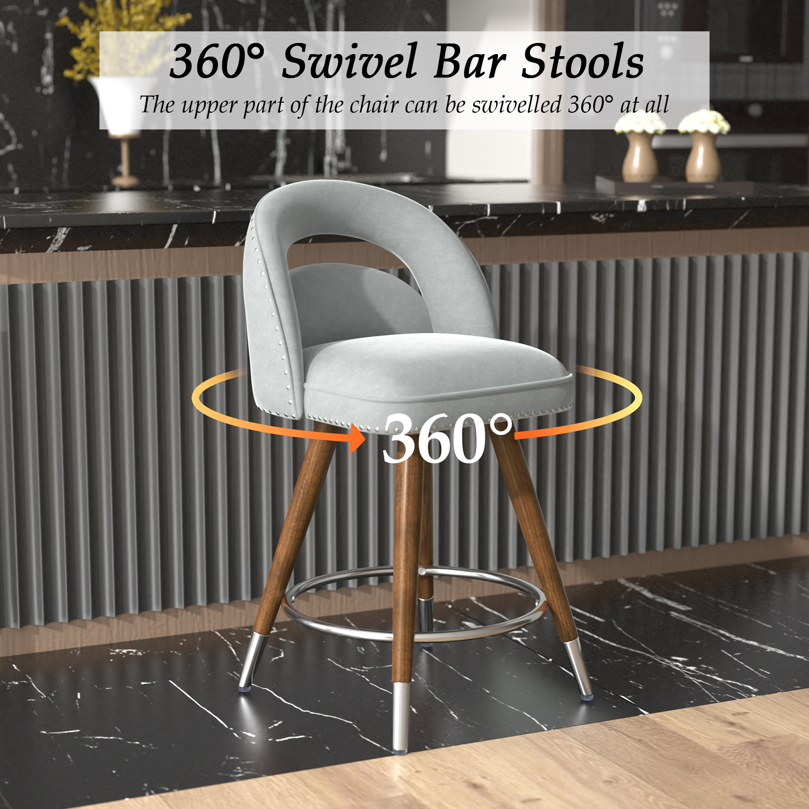 Ninecer 24" Swivel Counter Bar stools, Modern Velvet Barstools with Soft Backrest for Kitchen Dining Room, Gray (Set of 4) - Image 3