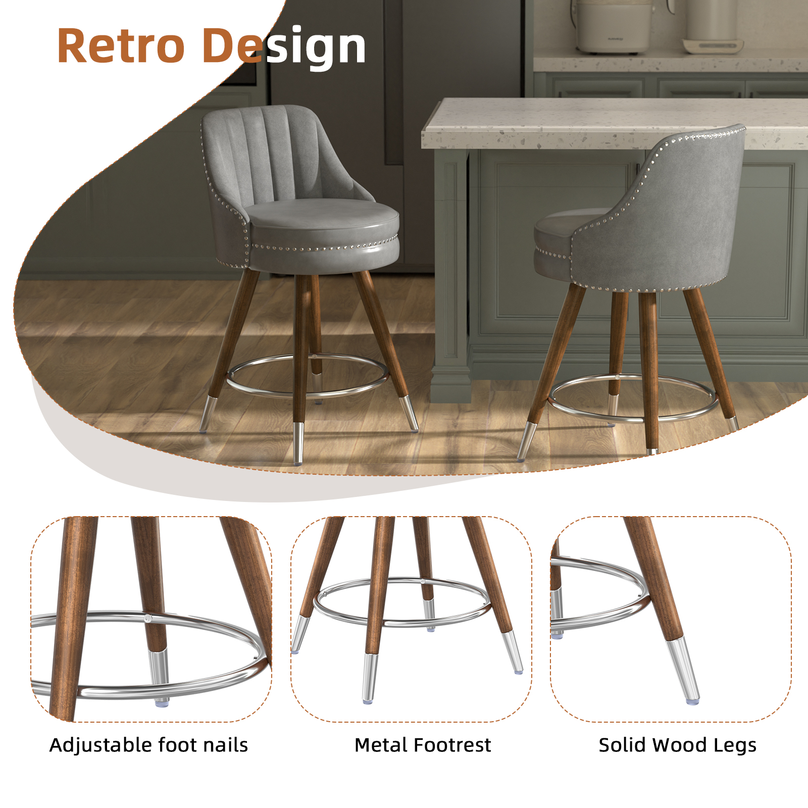 Ninecer 24" Swivel Counter Height Chairs, Modern PU Leather Bar Stools with Thick Cushion and Footrest, Gray (Set of 4) - Image 4