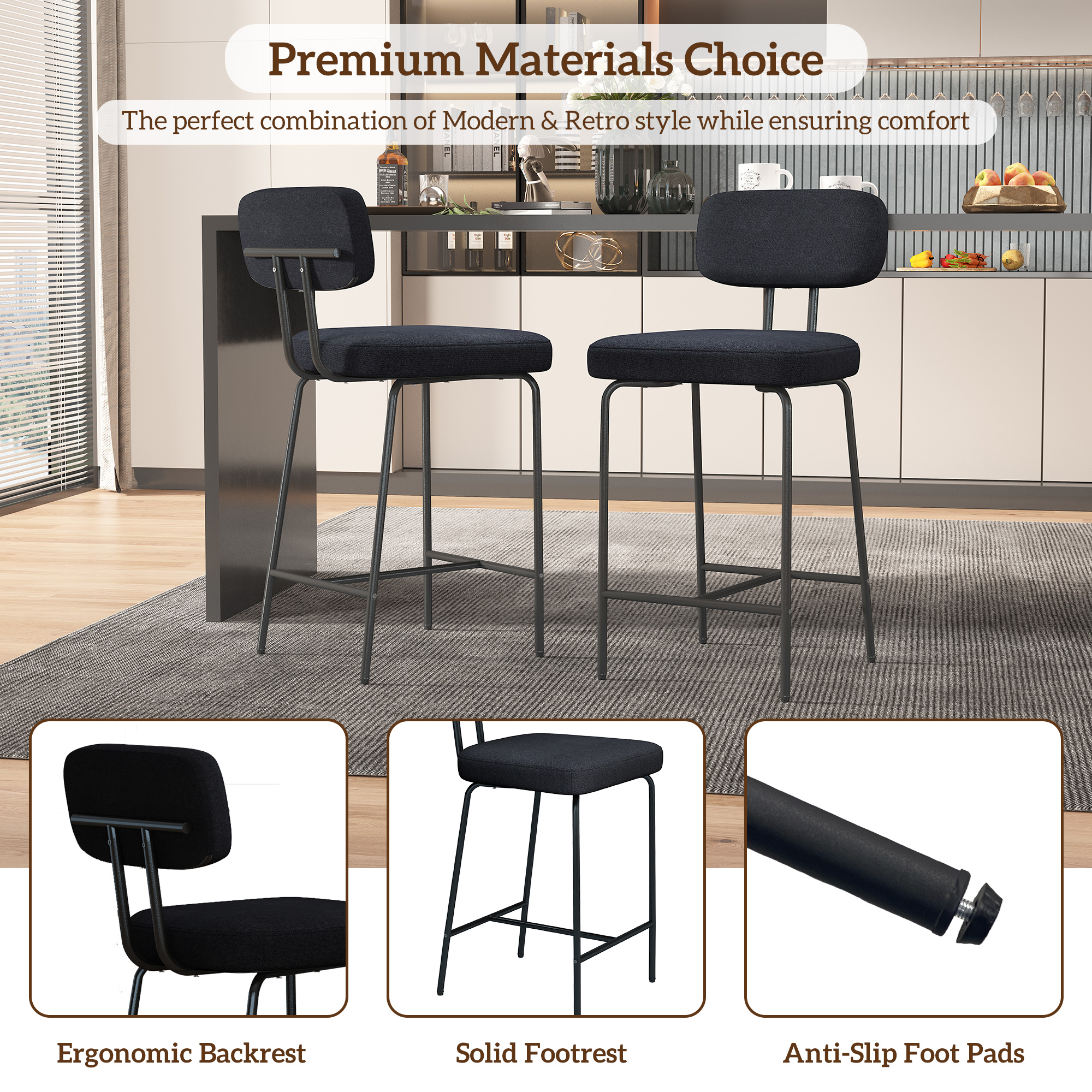 Ninecer Counter Height Bar Stools Set of 4, 26" Black Bar Stools with Back and Metal Legs, Fabric Kitchen Counter Stools with Footrest and Wide Seat, Bar Chairs for Kitchen Island - Image 6