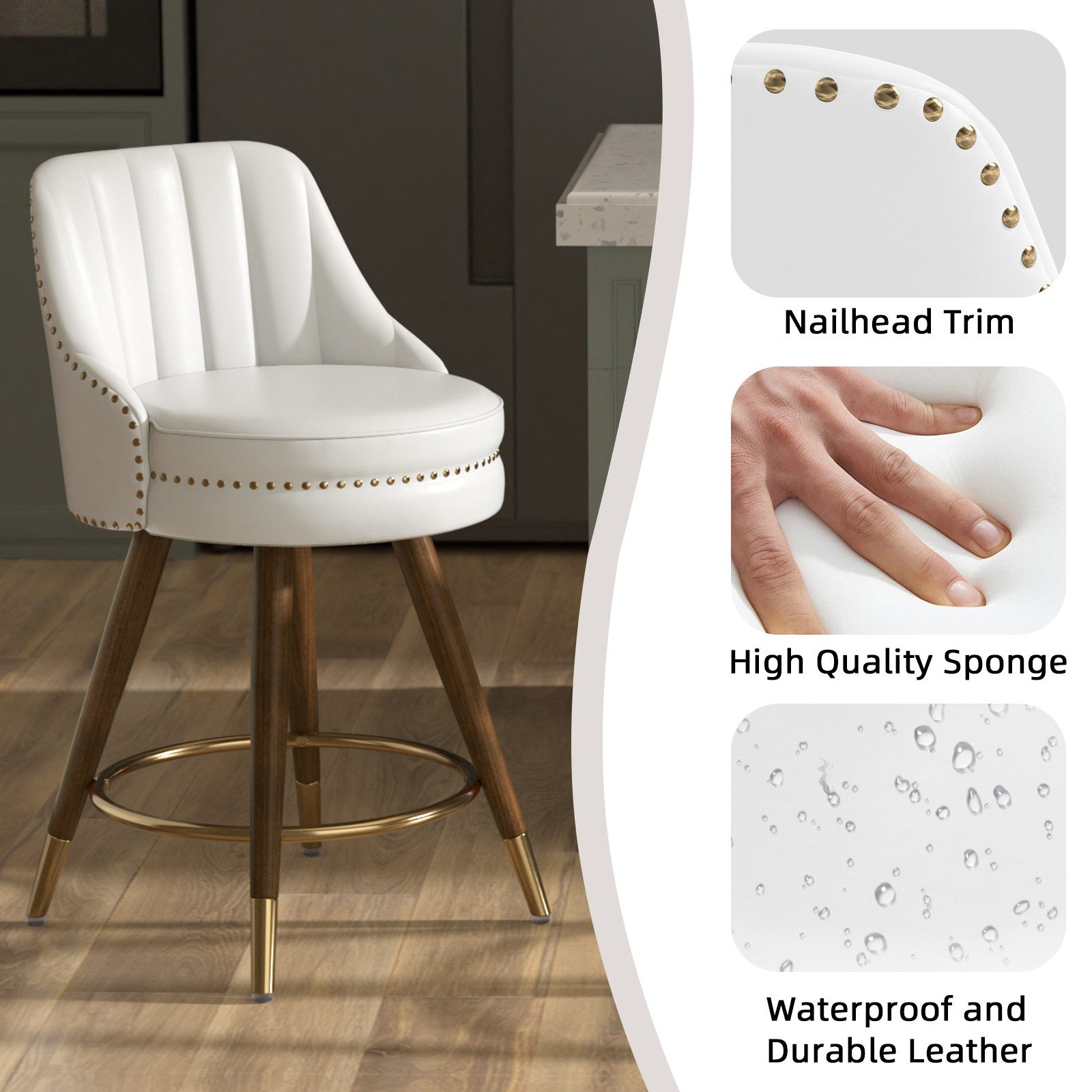 Ninecer 24" Swivel Counter Height Chairs, Modern PU Leather Bar Stools with Thick Cushion and Footrest, White (Set of 4) - Image 5