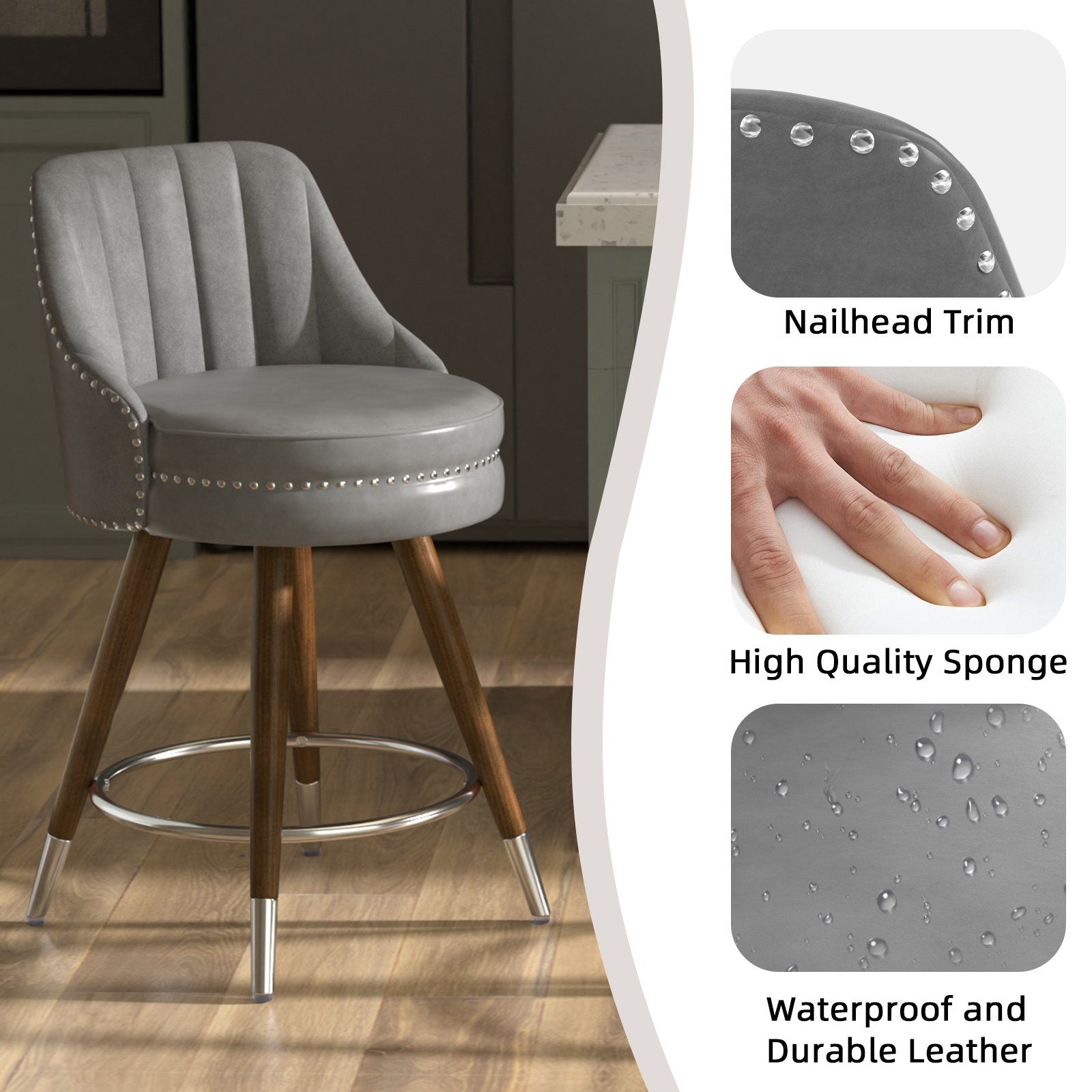 Ninecer 24" Swivel Counter Height Chairs, Modern PU Leather Bar Stools with Thick Cushion and Footrest, Gray (Set of 4) - Image 5