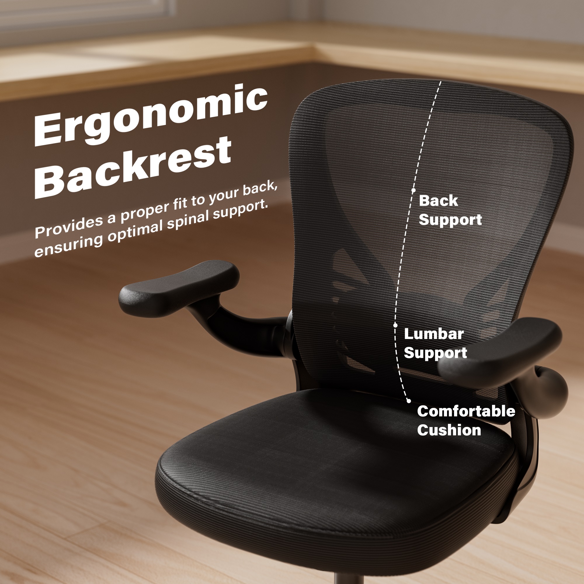 Ninecer Ergonomic Mesh Office Chair with Adjustable Height and Lumbar Support, Swivel Computer Desk Chair with Flip-Up Arms, Mid Back Task Chair on Wheels, 300lbs Capacity, Black - Image 4