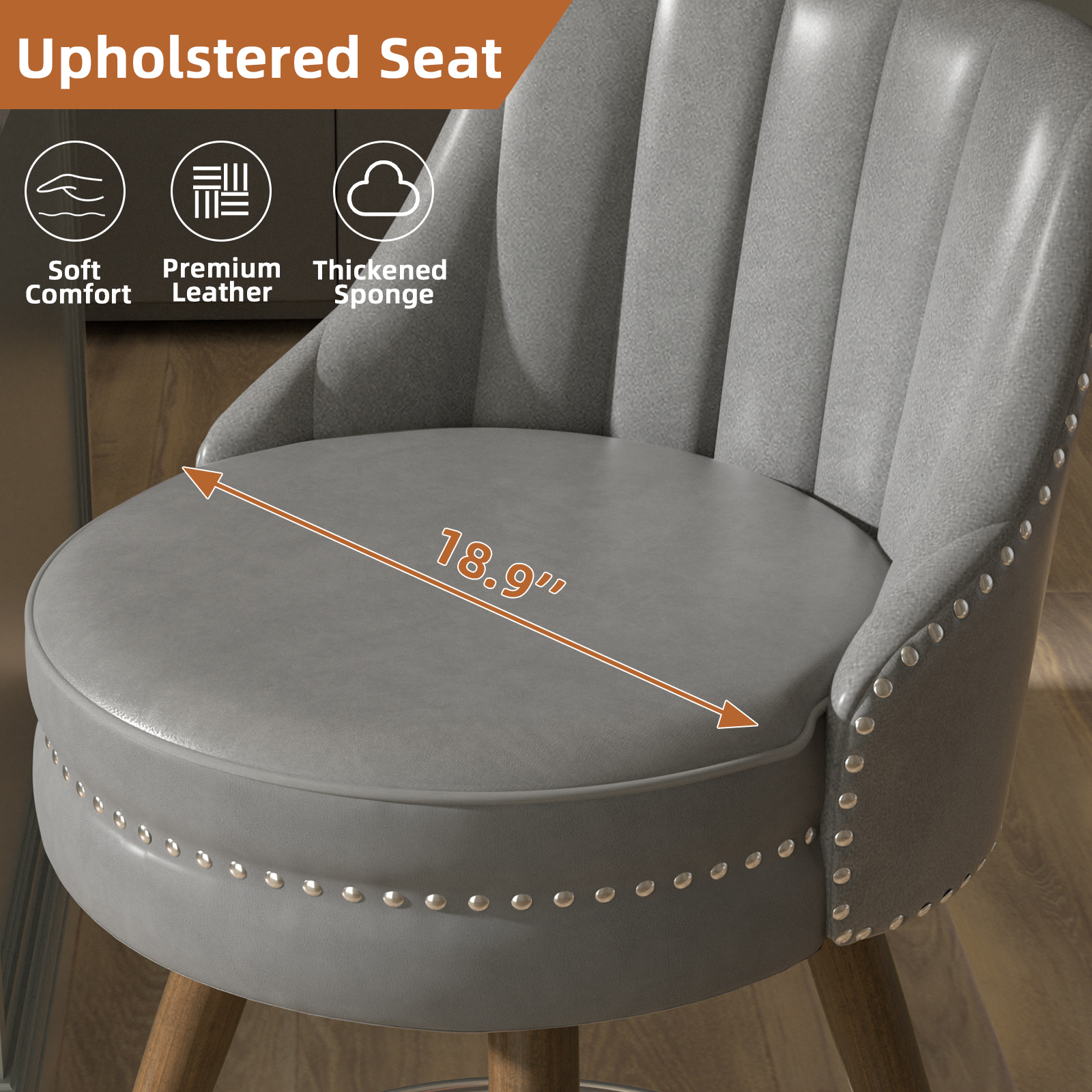 Ninecer 24" Swivel Counter Height Chairs, Modern PU Leather Bar Stools with Thick Cushion and Footrest, Gray (Set of 4) - Image 6