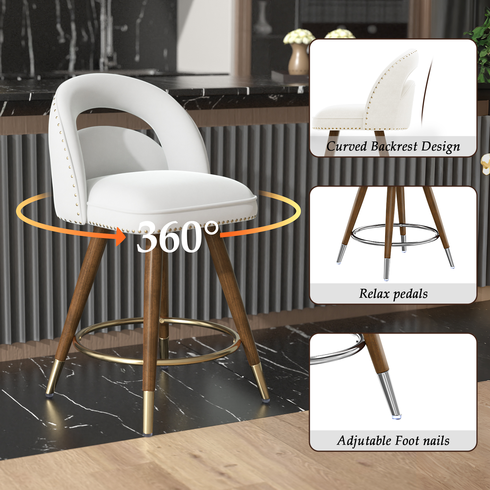 Ninecer 24" Swivel Counter Bar stools, Modern Velvet Barstools with Soft Backrest for Kitchen Dining Room, White (Set of 4) - Image 7