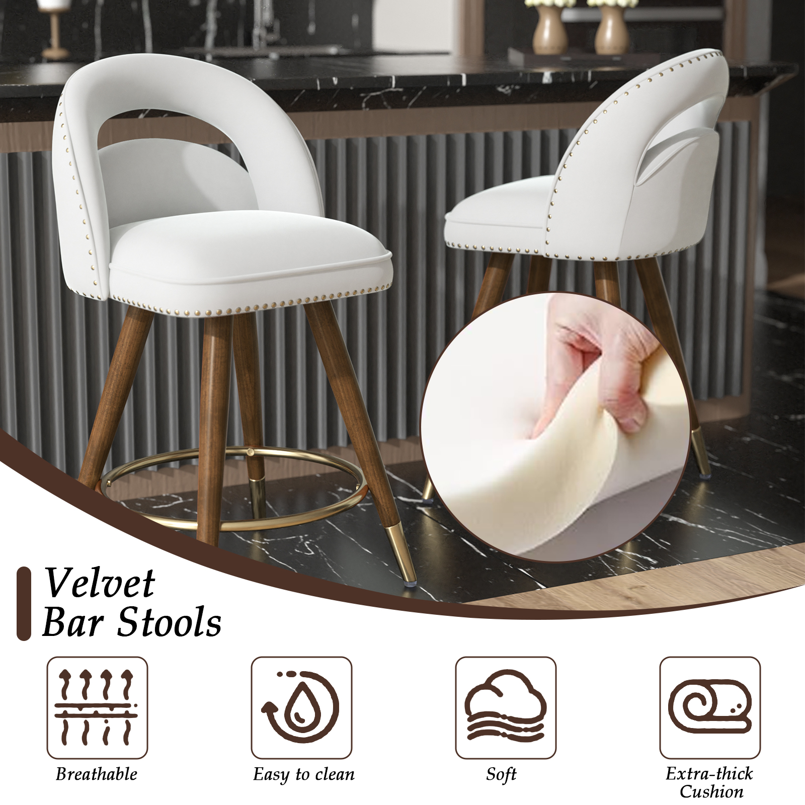 Ninecer 24" Swivel Counter Bar stools, Modern Velvet Barstools with Soft Backrest for Kitchen Dining Room, White (Set of 4) - Image 3