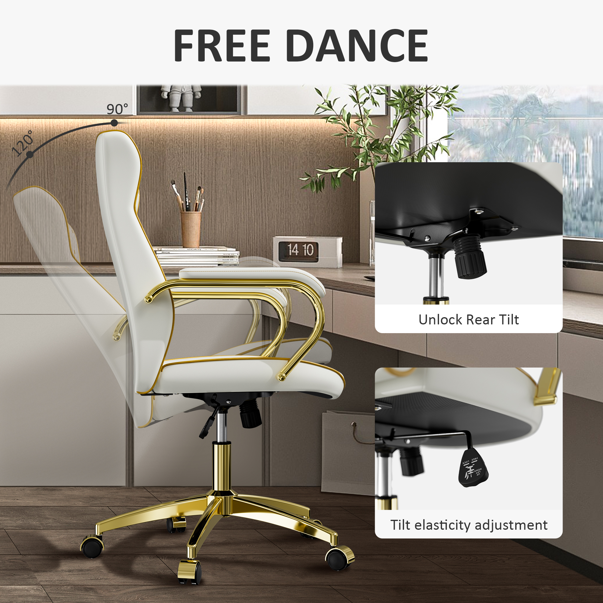 Ninecer Modern PU Leather Office Chair with Gold Metal Frame, Ergonomic High Back Desk Chair with Padded Armrests, Computer Desk Chair with Swivel and Rocking Function, Adjustable Height, White - Image 4