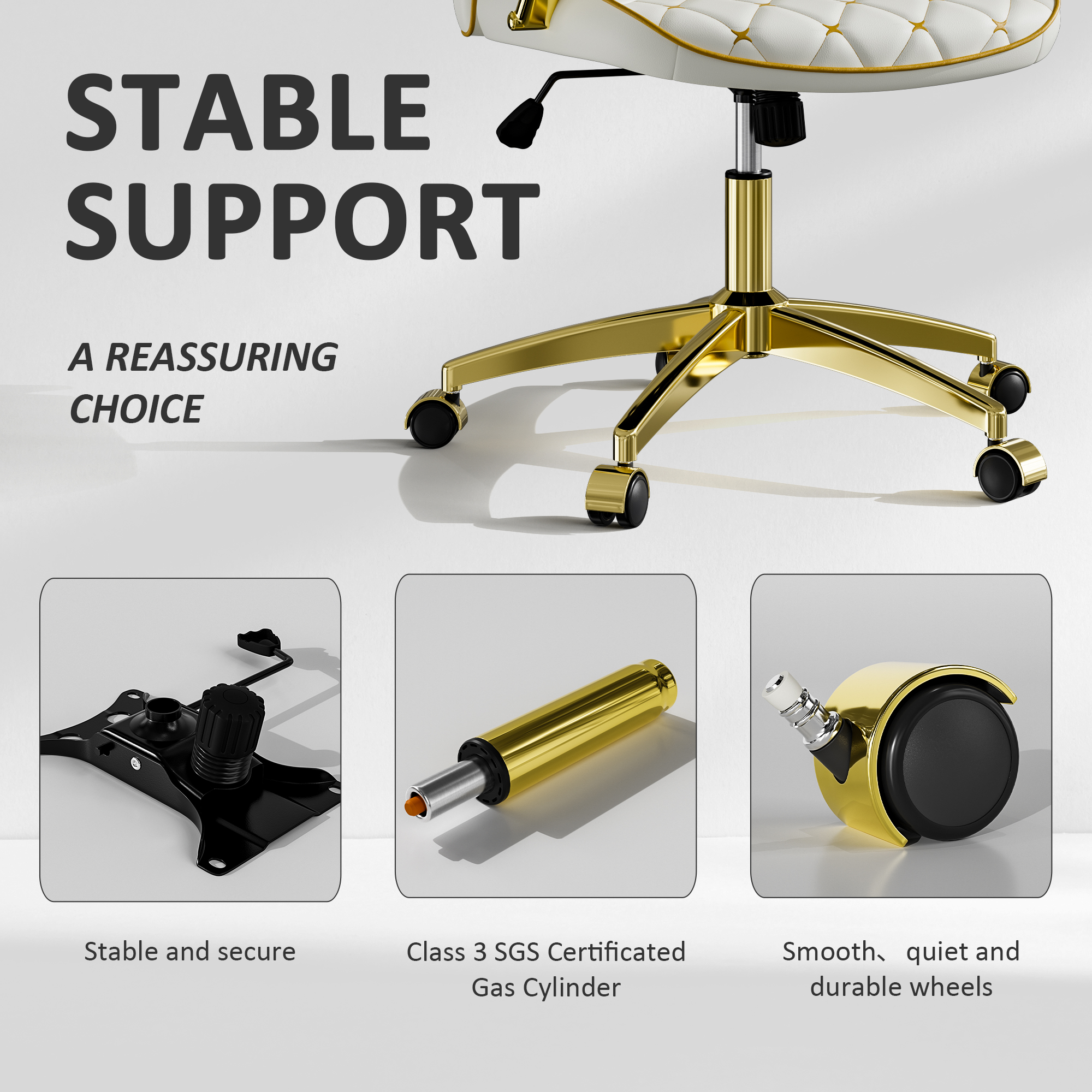 Ninecer Modern PU Leather Office Chair with Gold Metal Frame, Ergonomic High Back Desk Chair with Padded Armrests, Computer Desk Chair with Swivel and Rocking Function, Adjustable Height, White - Image 2