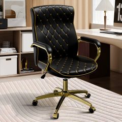 Ninecer Modern PU Leather Office Chair with Gold Metal Frame, Ergonomic High Back Desk Chair with Padded Armrests, Computer Desk Chair with Swivel and Rocking Function, Adjustable Height, Black