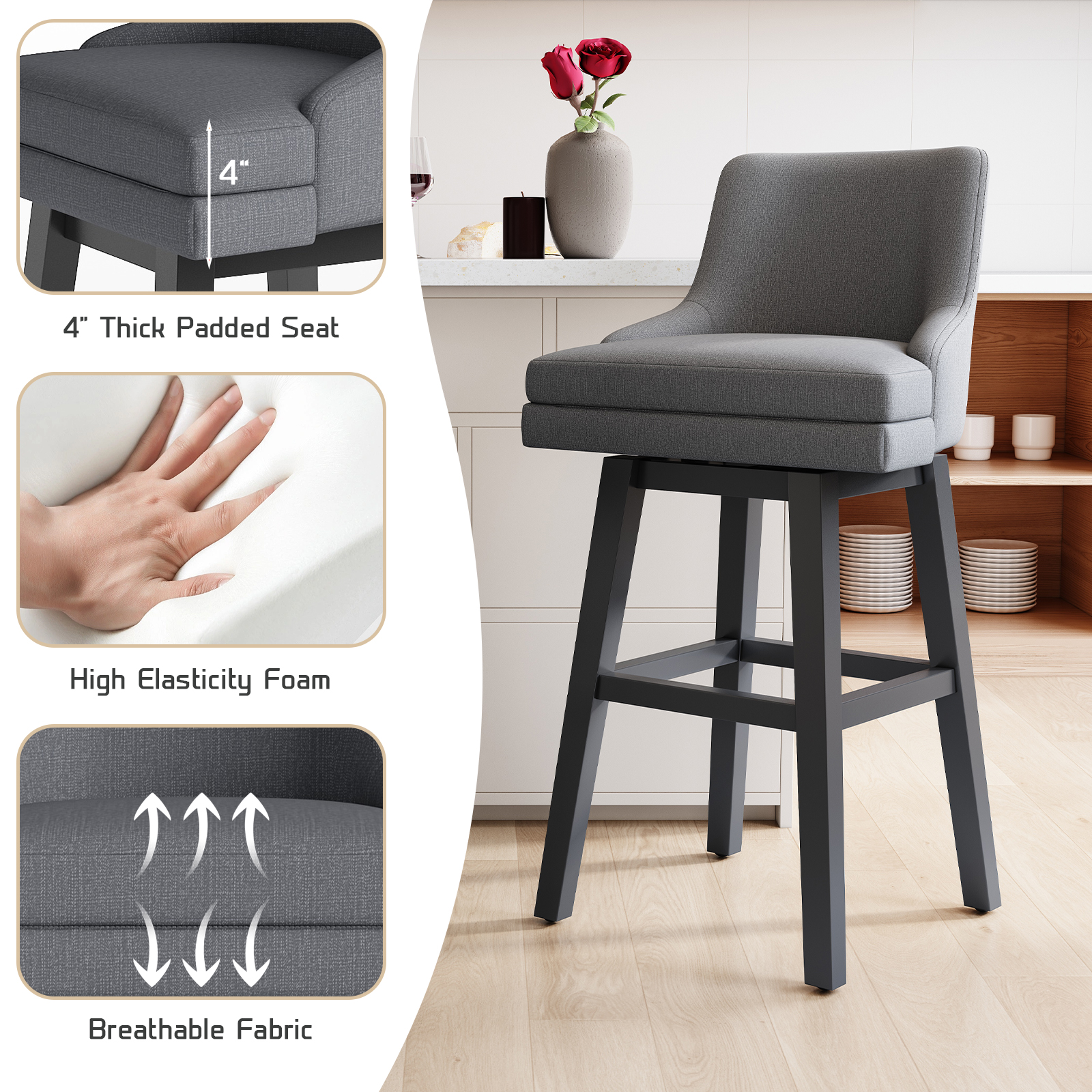 Ninecer 26" Counter Height Bar Stools, Swivel Bar Stools with Back, Modern Bar Chairs, Barstools with Footrest, Gray (Set of 6) - Image 3