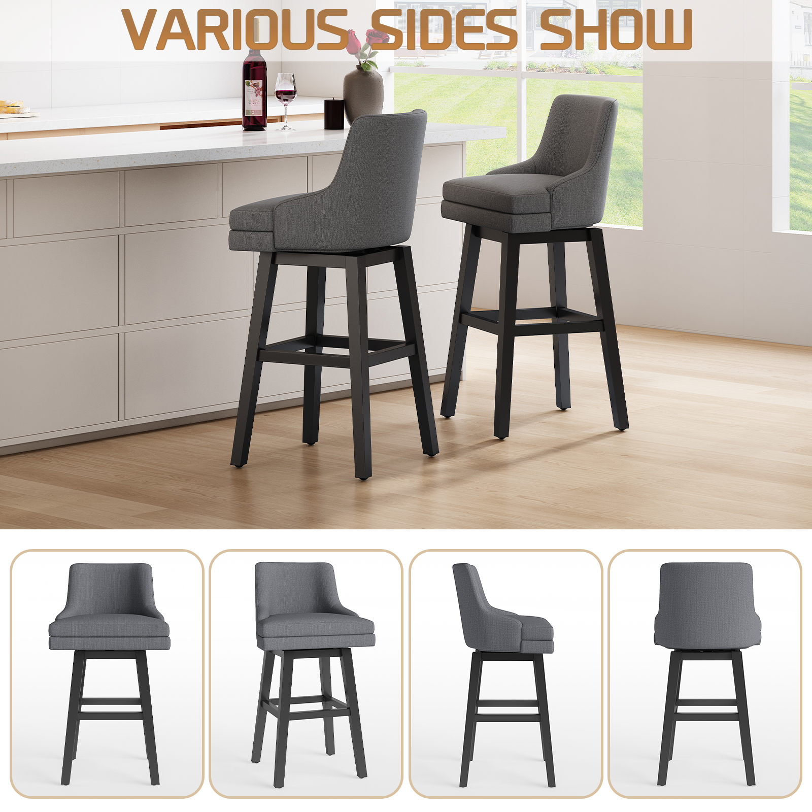 Ninecer 26" Counter Height Bar Stools, Swivel Bar Stools with Back, Modern Bar Chairs, Barstools with Footrest, Gray (Set of 6) - Image 6