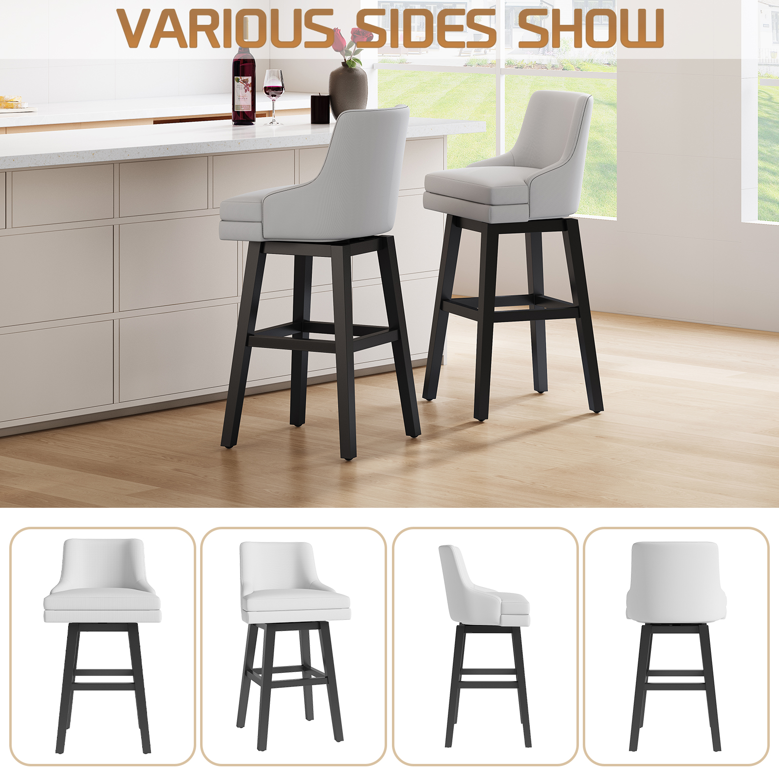 Ninecer 26" Counter Height Bar Stools, Swivel Bar Stools with Back, Modern Bar Chairs, Barstools with Footrest, White (Set of 4) - Image 7