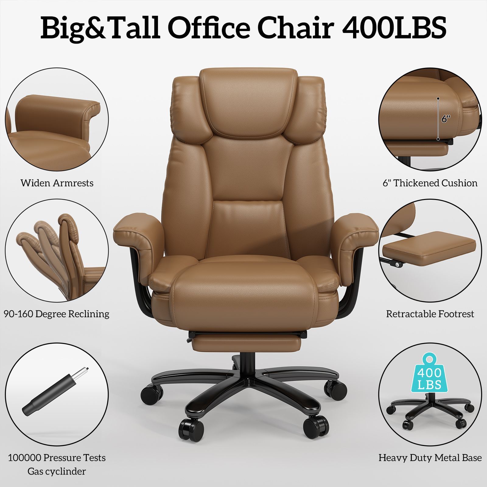 Ninecer High Back Executive Office Chair, Ergonomic PU Leather Office Chair, Heavy Duty Computer Desk Chair, Reclining Office Chair with Footrest 400lbs, Brown - Image 6