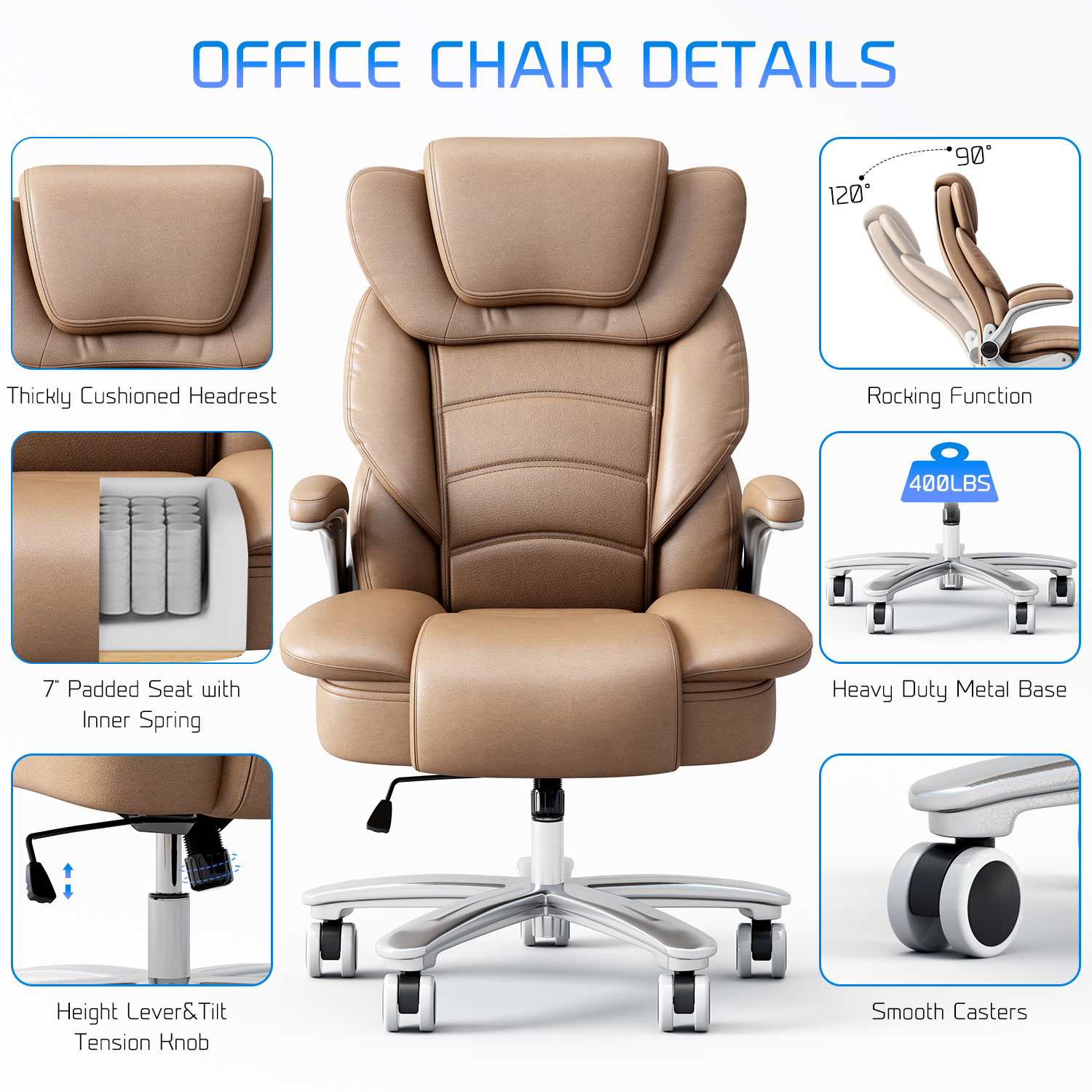 Ninecer Big and Tall Office Chair 400lb Wide Seat, Ergonomic High Back Leather Executive Desk Chair with Flip-up Arms, Computer Chair with Flip-up Arms, Brown - Image 3