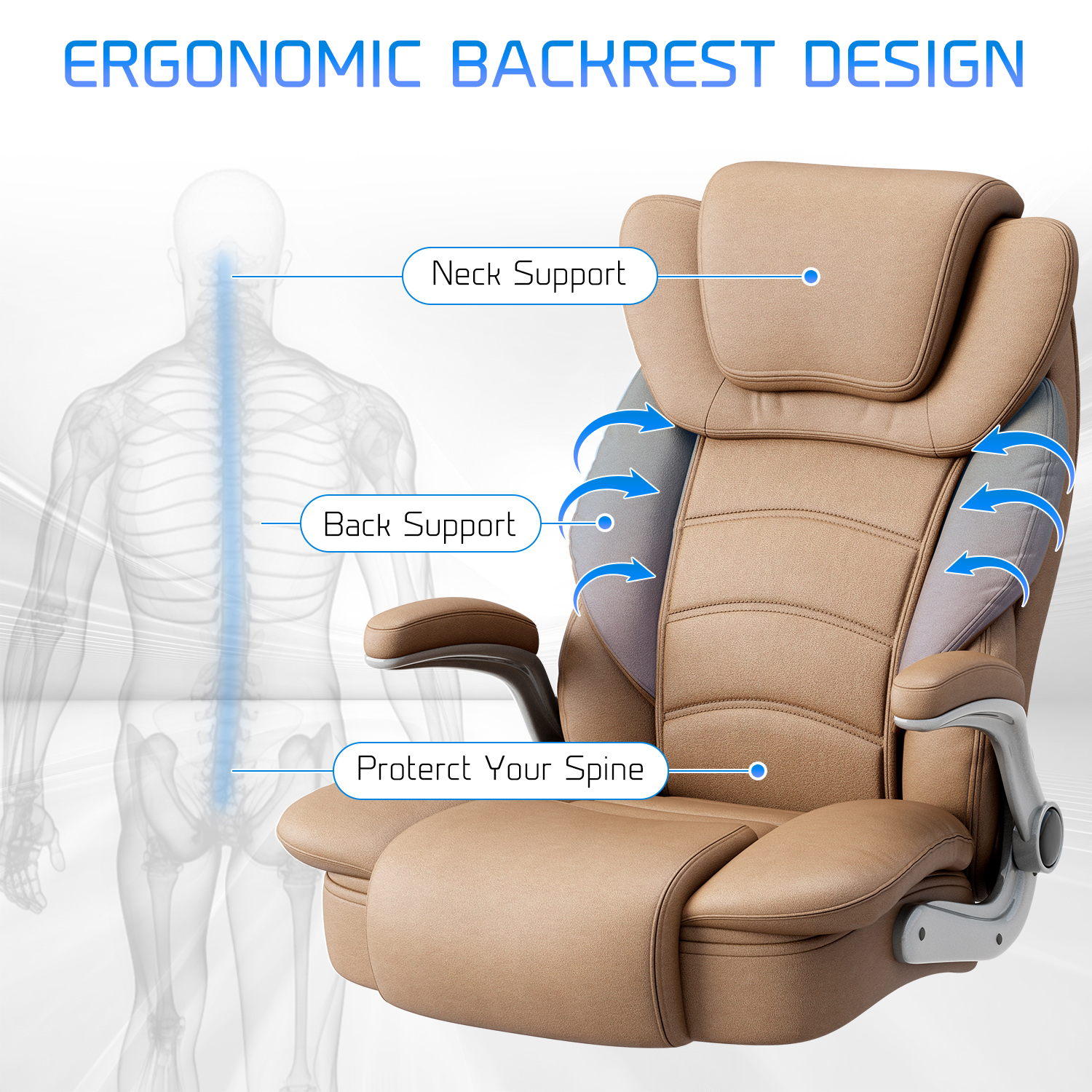 Ninecer Big and Tall Office Chair 400lb Wide Seat, Ergonomic High Back Leather Executive Desk Chair with Flip-up Arms, Computer Chair with Flip-up Arms, Brown - Image 9