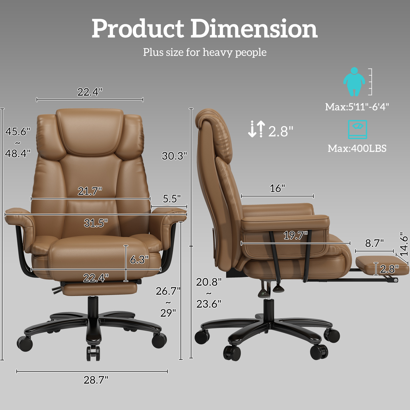 Ninecer High Back Executive Office Chair, Ergonomic PU Leather Office Chair, Heavy Duty Computer Desk Chair, Reclining Office Chair with Footrest 400lbs, Brown - Image 2