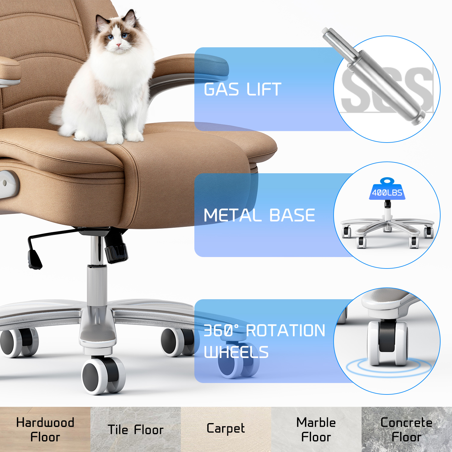 Ninecer Big and Tall Office Chair 400lb Wide Seat, Ergonomic High Back Leather Executive Desk Chair with Flip-up Arms, Computer Chair with Flip-up Arms, Brown - Image 6