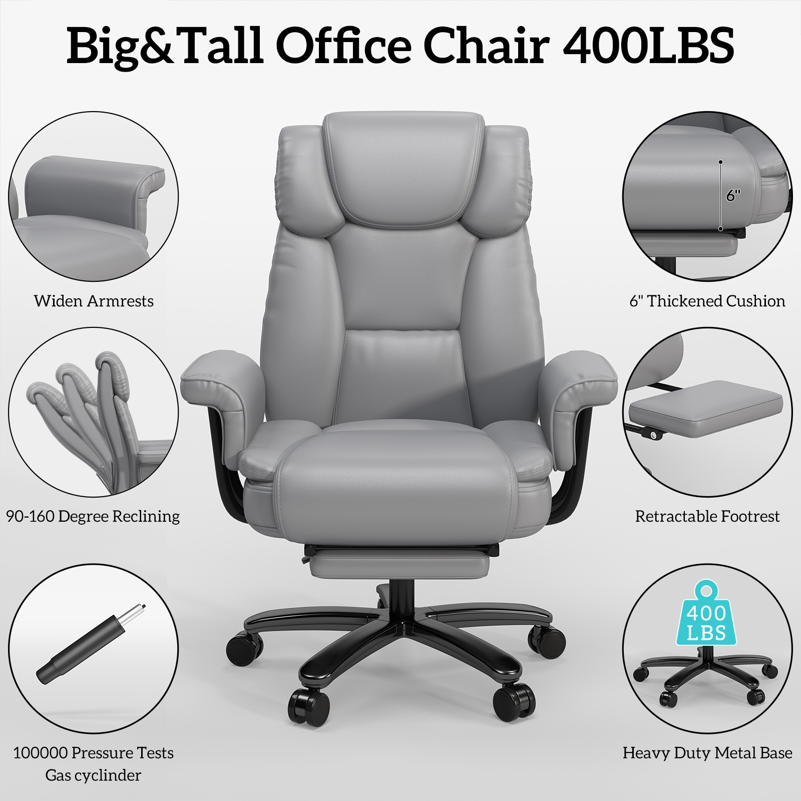 Ninecer High Back Executive Office Chair, Ergonomic PU Leather Office Chair, Heavy Duty Computer Desk Chair, Reclining Office Chair with Footrest 400lbs, Gray - Image 6