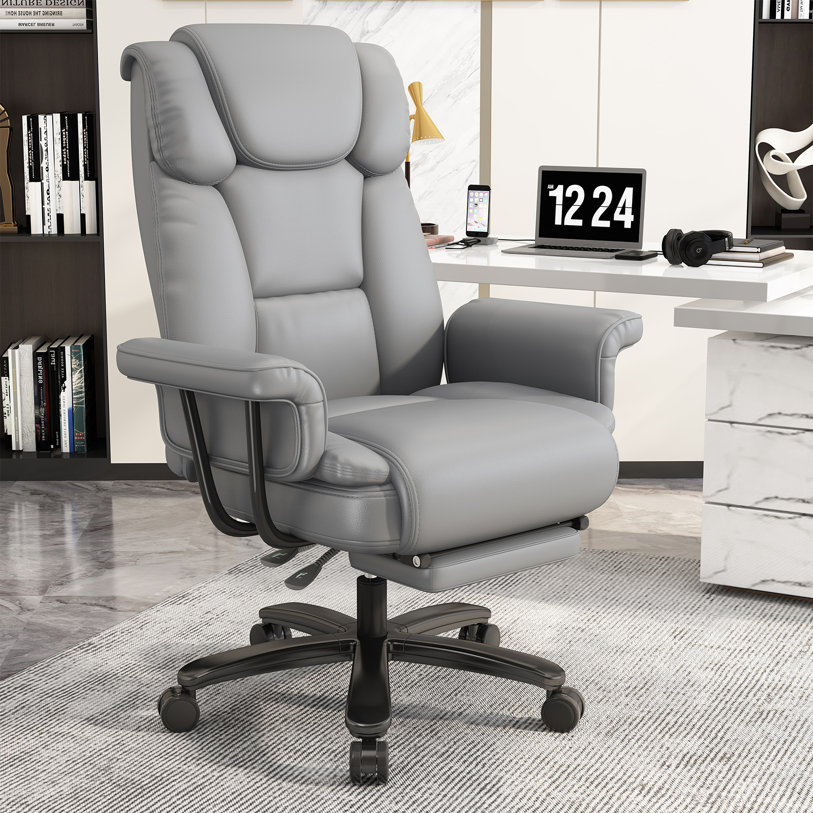 Ninecer High Back Executive Office Chair, Ergonomic PU Leather Office Chair, Heavy Duty Computer Desk Chair, Reclining Office Chair with Footrest 400lbs, Gray