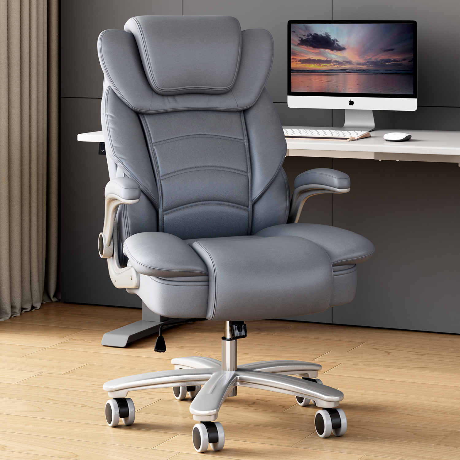 Ninecer Big and Tall Office Chair 400lb Wide Seat, Ergonomic High Back Leather Executive Desk Chair with Flip-up Arms, Computer Chair with Flip-up Arms, Gray/Blue