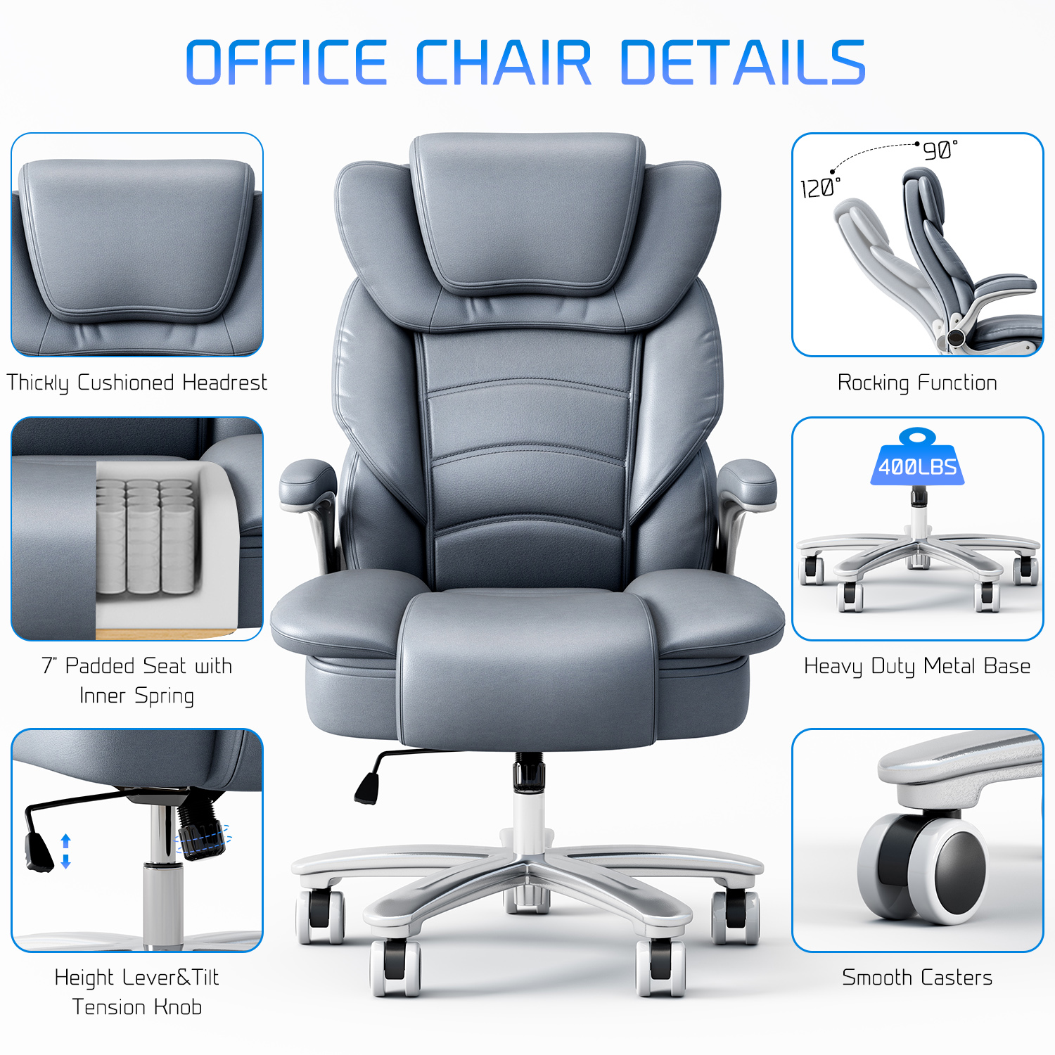 Ninecer Big and Tall Office Chair 400lb Wide Seat, Ergonomic High Back Leather Executive Desk Chair with Flip-up Arms, Computer Chair with Flip-up Arms, Gray/Blue - Image 3