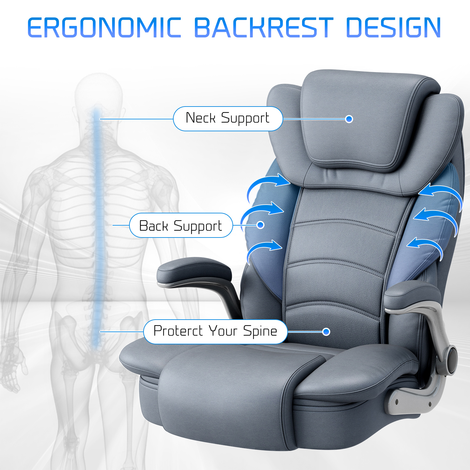 Ninecer Big and Tall Office Chair 400lb Wide Seat, Ergonomic High Back Leather Executive Desk Chair with Flip-up Arms, Computer Chair with Flip-up Arms, Gray/Blue - Image 4
