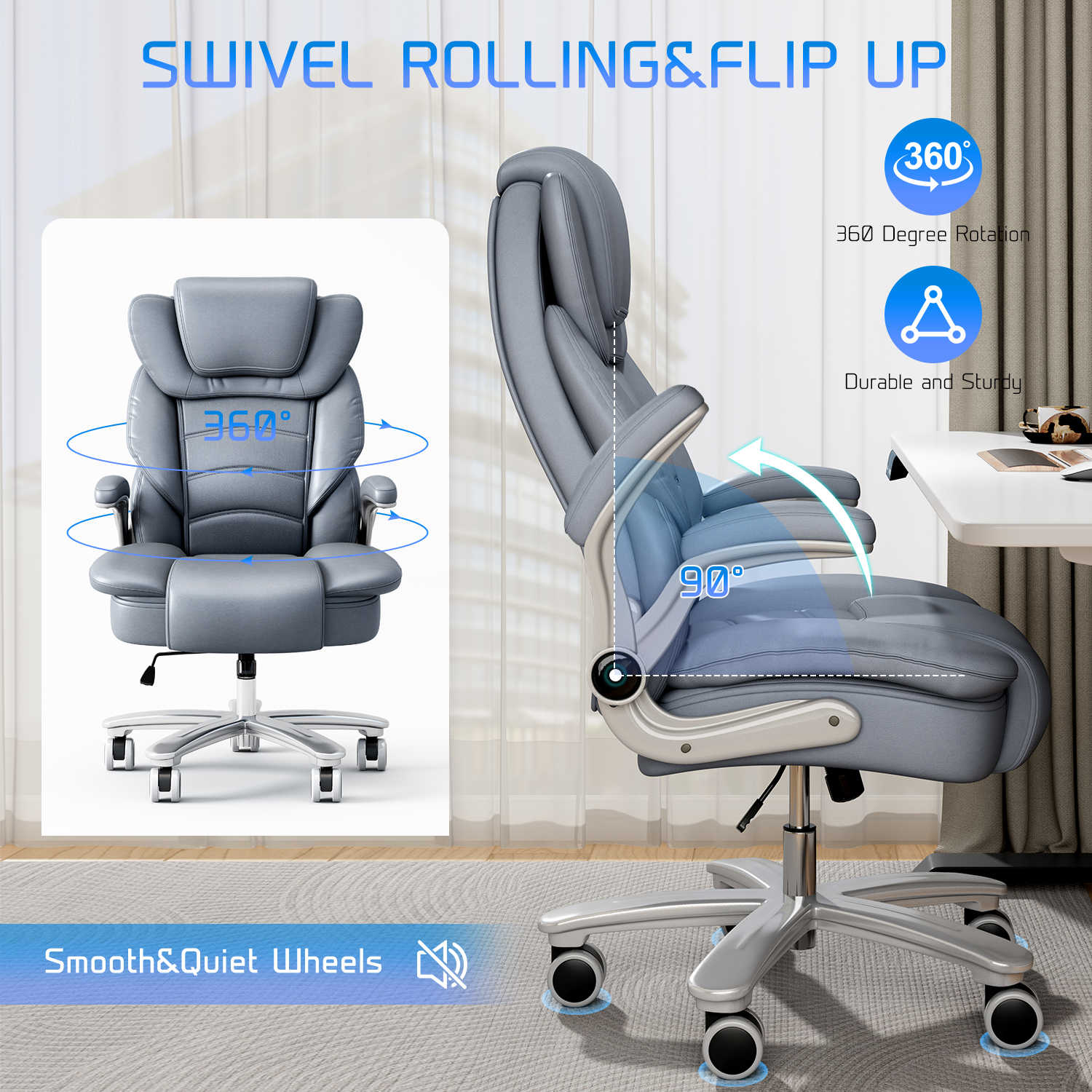 Ninecer Big and Tall Office Chair 400lb Wide Seat, Ergonomic High Back Leather Executive Desk Chair with Flip-up Arms, Computer Chair with Flip-up Arms, Gray/Blue - Image 6