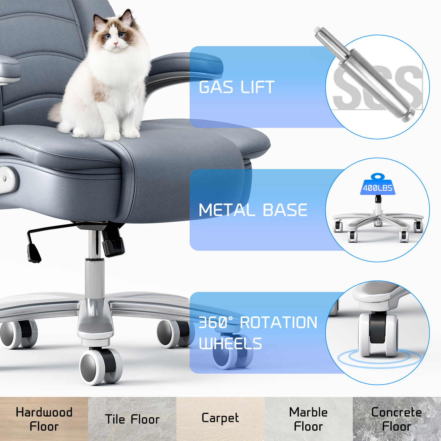 Ninecer Big and Tall Office Chair 400lb Wide Seat, Ergonomic High Back Leather Executive Desk Chair with Flip-up Arms, Computer Chair with Flip-up Arms, Gray/Blue - Image 7