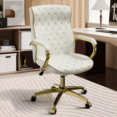 Ninecer Modern PU Leather Office Chair with Gold Metal Frame, Ergonomic High Back Desk Chair with Padded Armrests, Computer Desk Chair with Swivel and Rocking Function, Adjustable Height, White