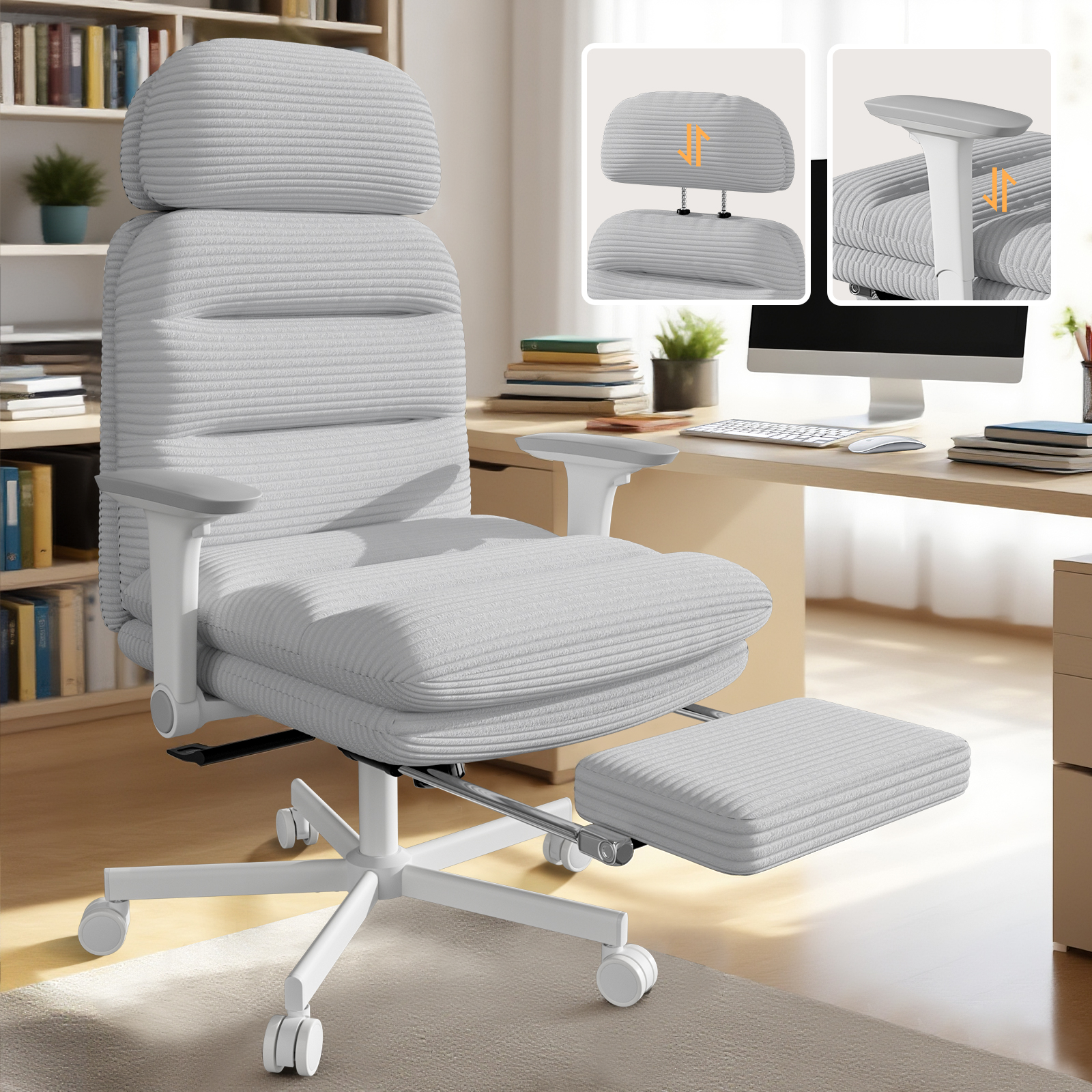 Ninecer Ergonomic Office Chair with Footrest, Big and Tall Computer Desk Chair for Adults, Adjustable Swivel Chair with Headrest Lumbar Support, Grey - Image 7