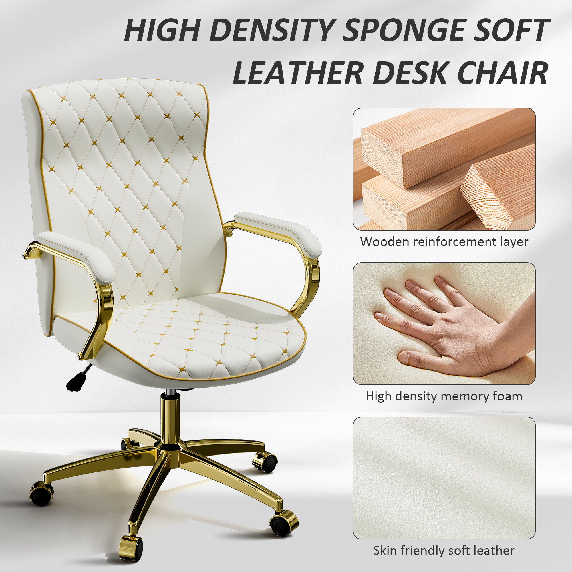 Ninecer Modern PU Leather Office Chair with Gold Metal Frame, Ergonomic High Back Desk Chair with Padded Armrests, Computer Desk Chair with Swivel and Rocking Function, Adjustable Height, White - Image 6