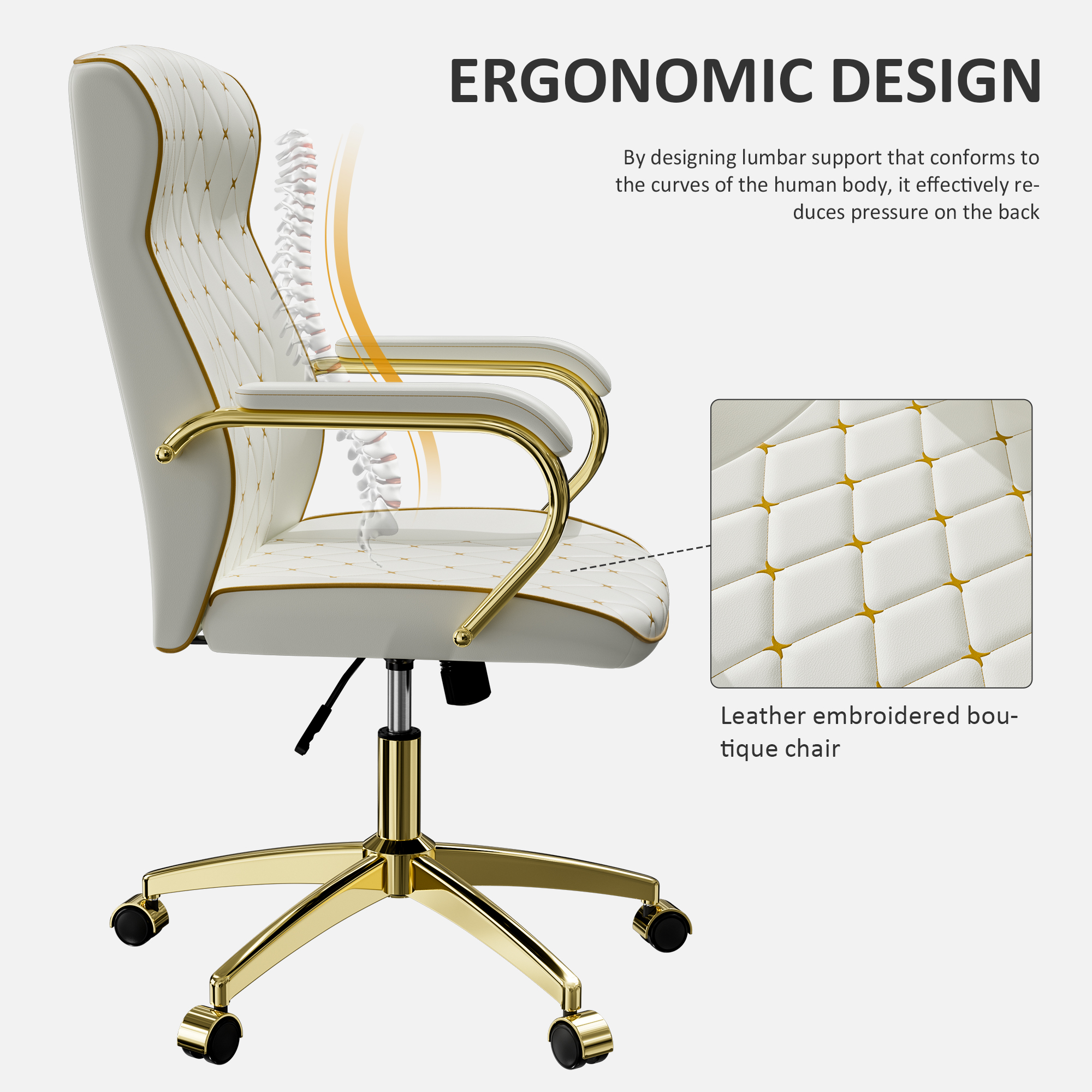 Ninecer Modern PU Leather Office Chair with Gold Metal Frame, Ergonomic High Back Desk Chair with Padded Armrests, Computer Desk Chair with Swivel and Rocking Function, Adjustable Height, White - Image 7