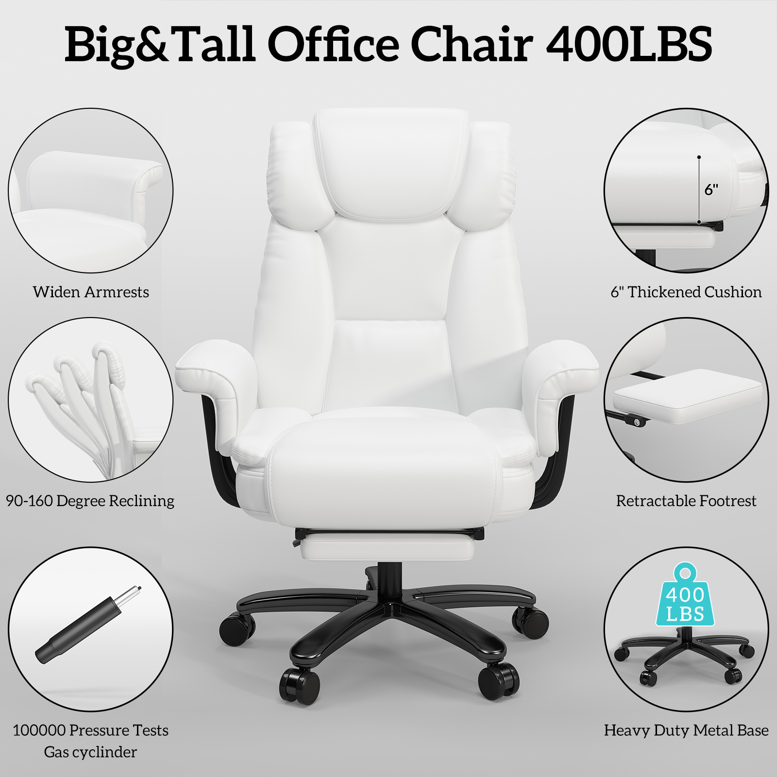Ninecer High Back Executive Office Chair, Ergonomic PU Leather Office Chair, Heavy Duty Computer Desk Chair, Reclining Office Chair with Footrest 400lbs, White - Image 6