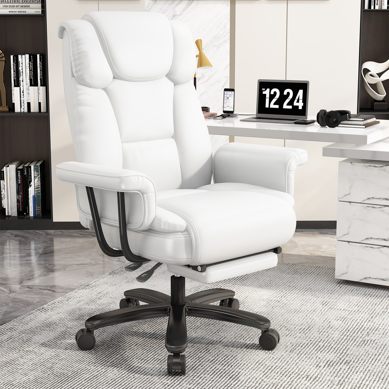 Ninecer High Back Executive Office Chair, Ergonomic PU Leather Office Chair, Heavy Duty Computer Desk Chair, Reclining Office Chair with Footrest 400lbs, White