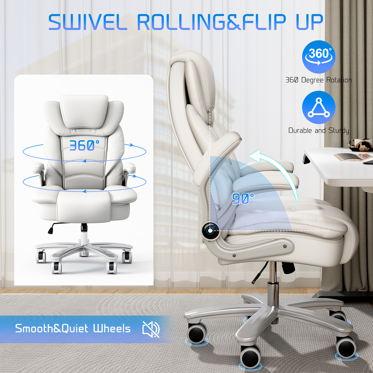 Ninecer Big and Tall Office Chair 400lb Wide Seat, Ergonomic High Back Leather Executive Desk Chair with Flip-up Arms, Computer Chair with Flip-up Arms, White - Image 6