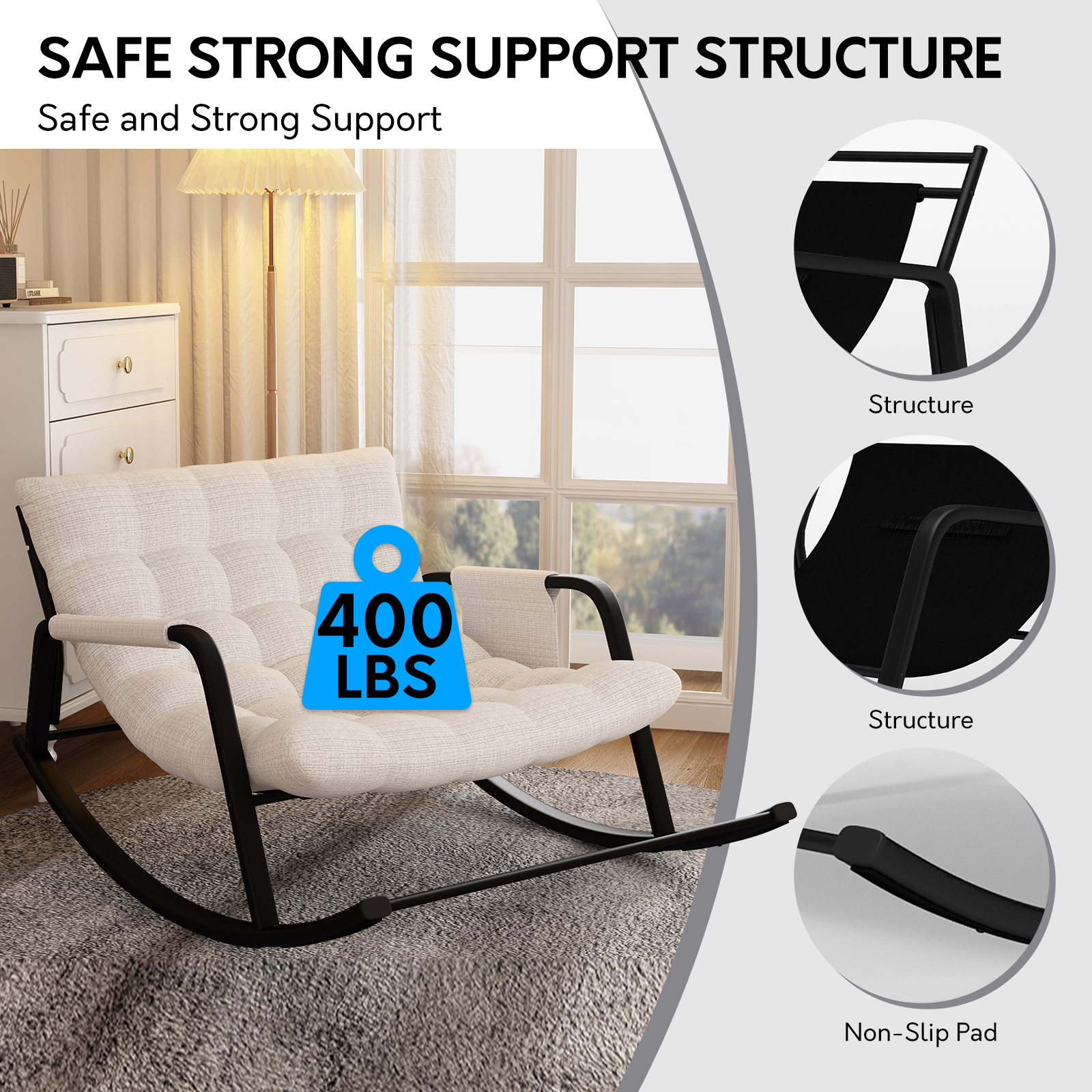 Ninecer Patio Rocking Chair Indoor, Comfy Rocker Chair for Living Room, 400lbs Steel patio Lounge Rocker Recliner Chair with Storage Bag for Adults, Beige - Image 5