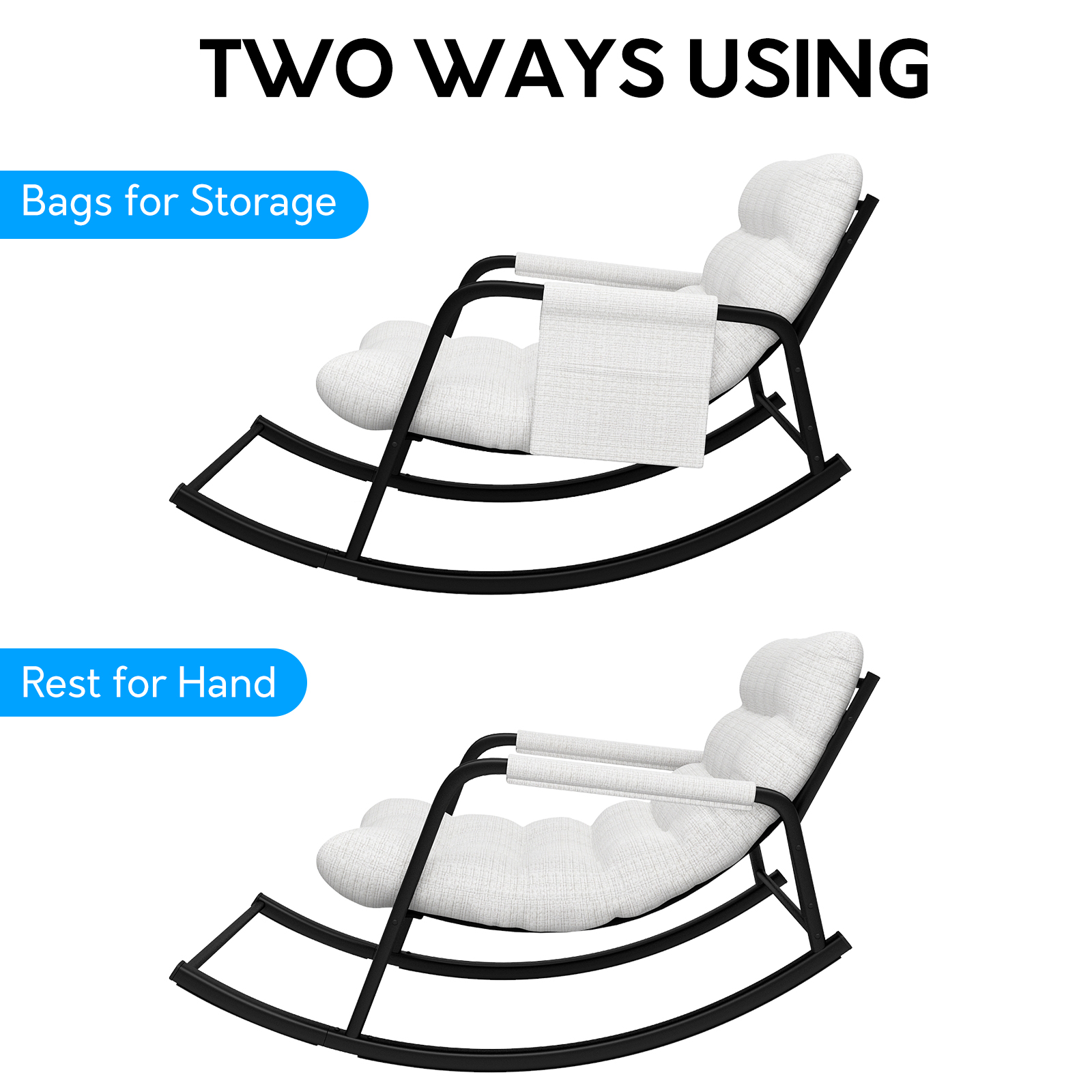 Ninecer Patio Rocking Chair Indoor, Comfy Rocker Chair for Living Room, 400lbs Steel patio Lounge Rocker Recliner Chair with Storage Bag for Adults, Beige - Image 6