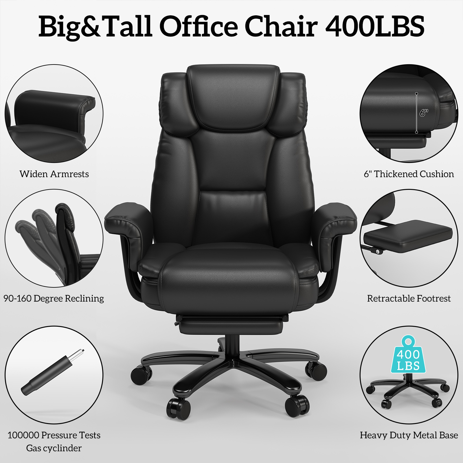 Ninecer High Back Executive Office Chair, Ergonomic PU Leather Office Chair, Heavy Duty Computer Desk Chair, Reclining Office Chair with Footrest 400lbs, Black - Image 3