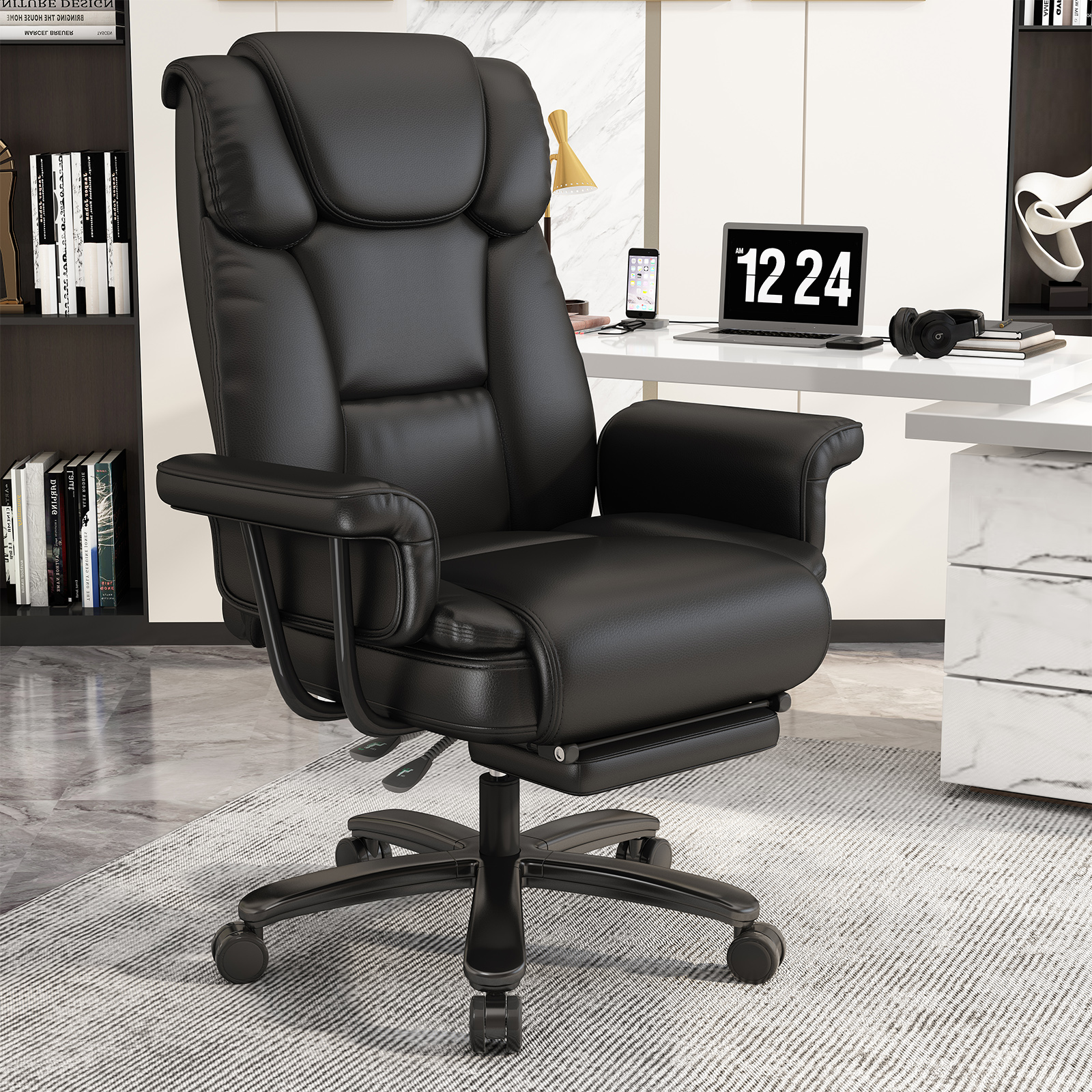 Ninecer High Back Executive Office Chair, Ergonomic PU Leather Office Chair, Heavy Duty Computer Desk Chair, Reclining Office Chair with Footrest 400lbs, Black