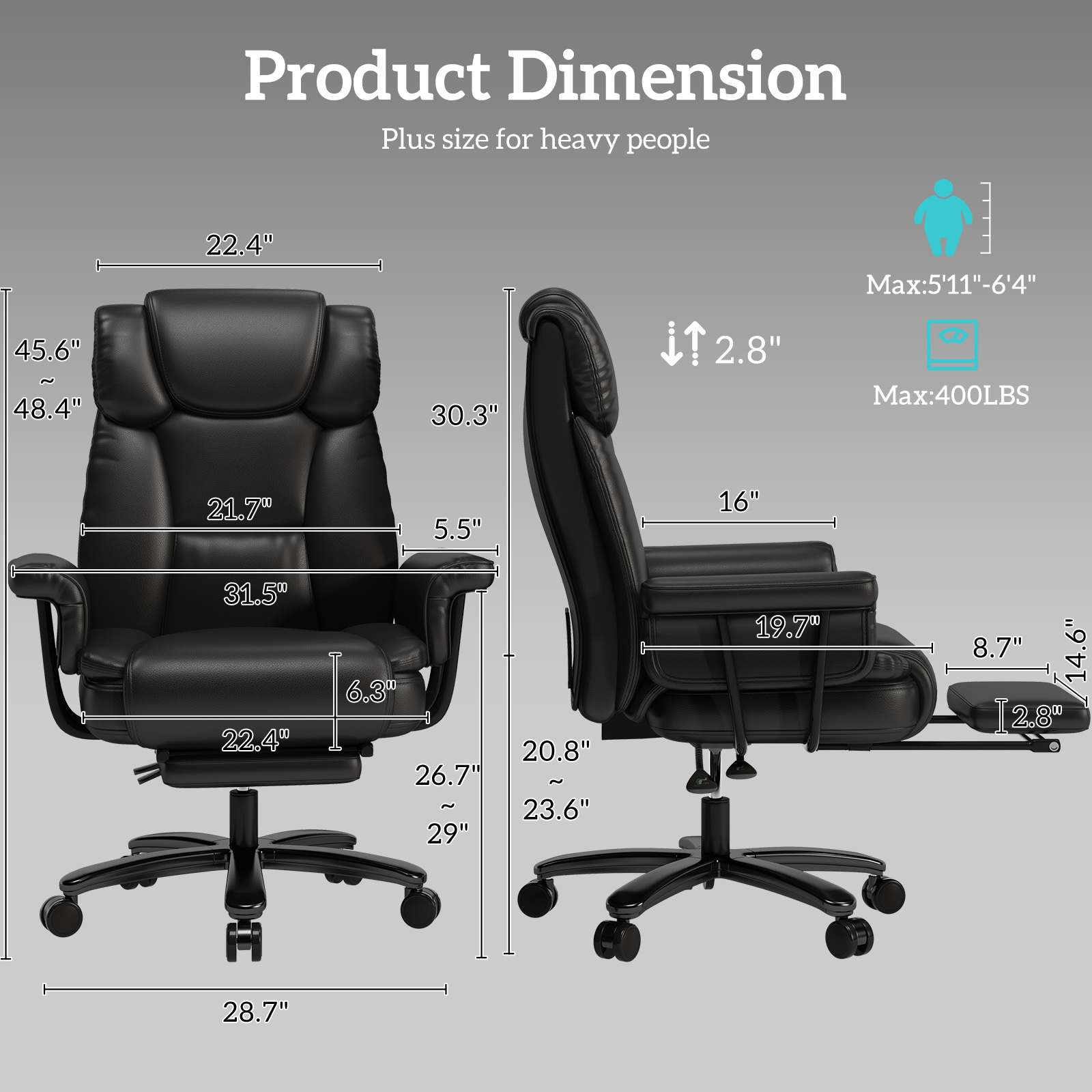 Ninecer High Back Executive Office Chair, Ergonomic PU Leather Office Chair, Heavy Duty Computer Desk Chair, Reclining Office Chair with Footrest 400lbs, Black - Image 2
